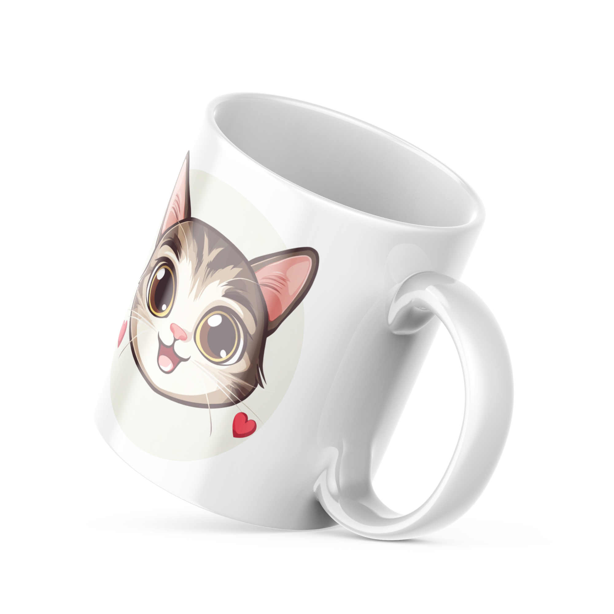 Closeup of kawaii cat face illustration on coffee mug
