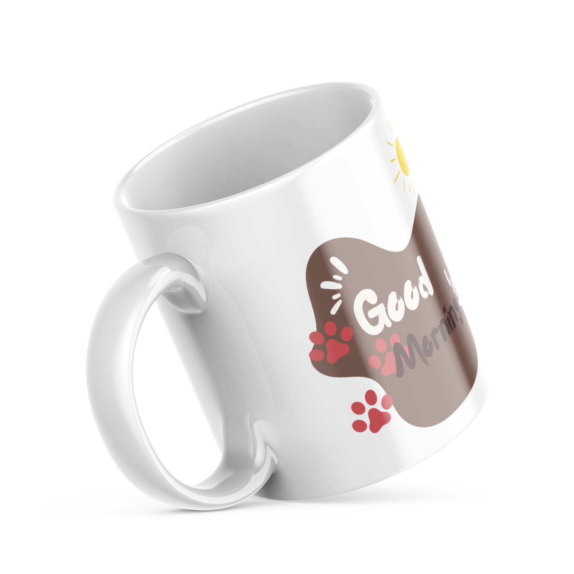 Ceramic mug handle with pink paw prints and Good Morning text