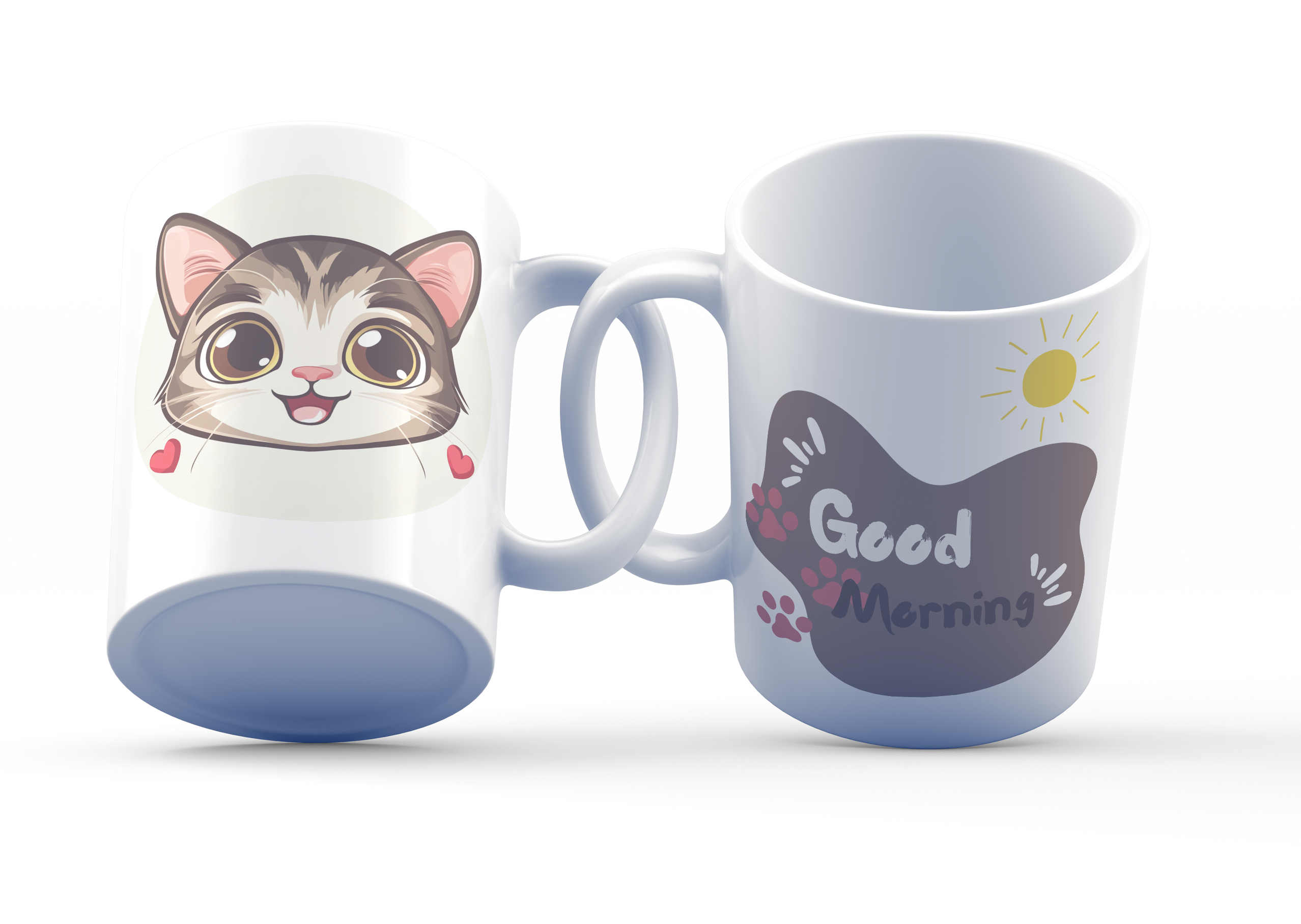 A white ceramic coffee mug with a cheerful cat design on one side and a 'Good Morning' message with a sun and paw prints on the other, both depicted in colorful illustrations.