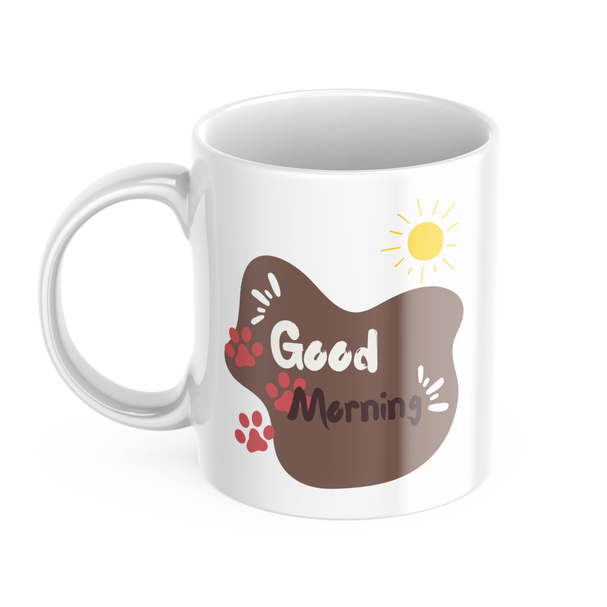 Side view, kawaii cat and Good Morning paw print, cat lover mug