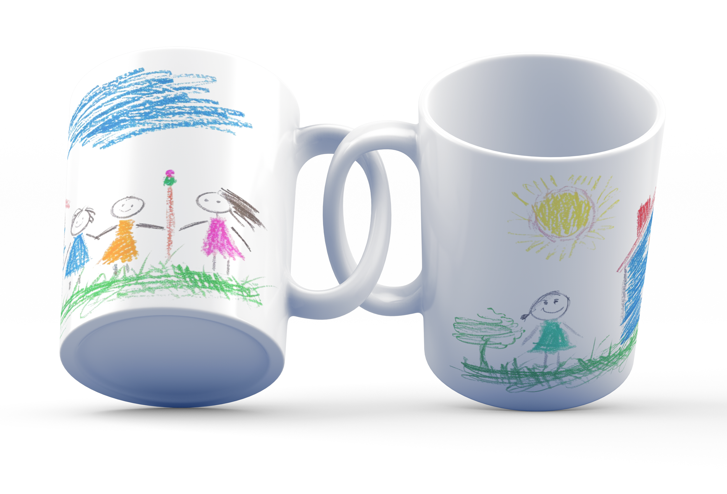 Two white ceramic mugs with colorful childlike drawings. One mug displays a house, sun, and a smiling family.