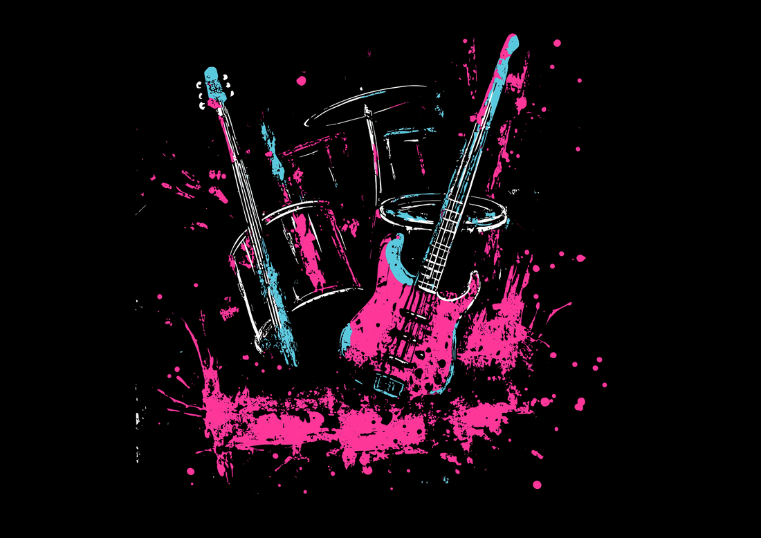 Rock Band Splatter Art T-Shirt | Black Cotton Tee with Vibrant Guitar and Drums Design | Stylish and Comfortable Unisex Shirt