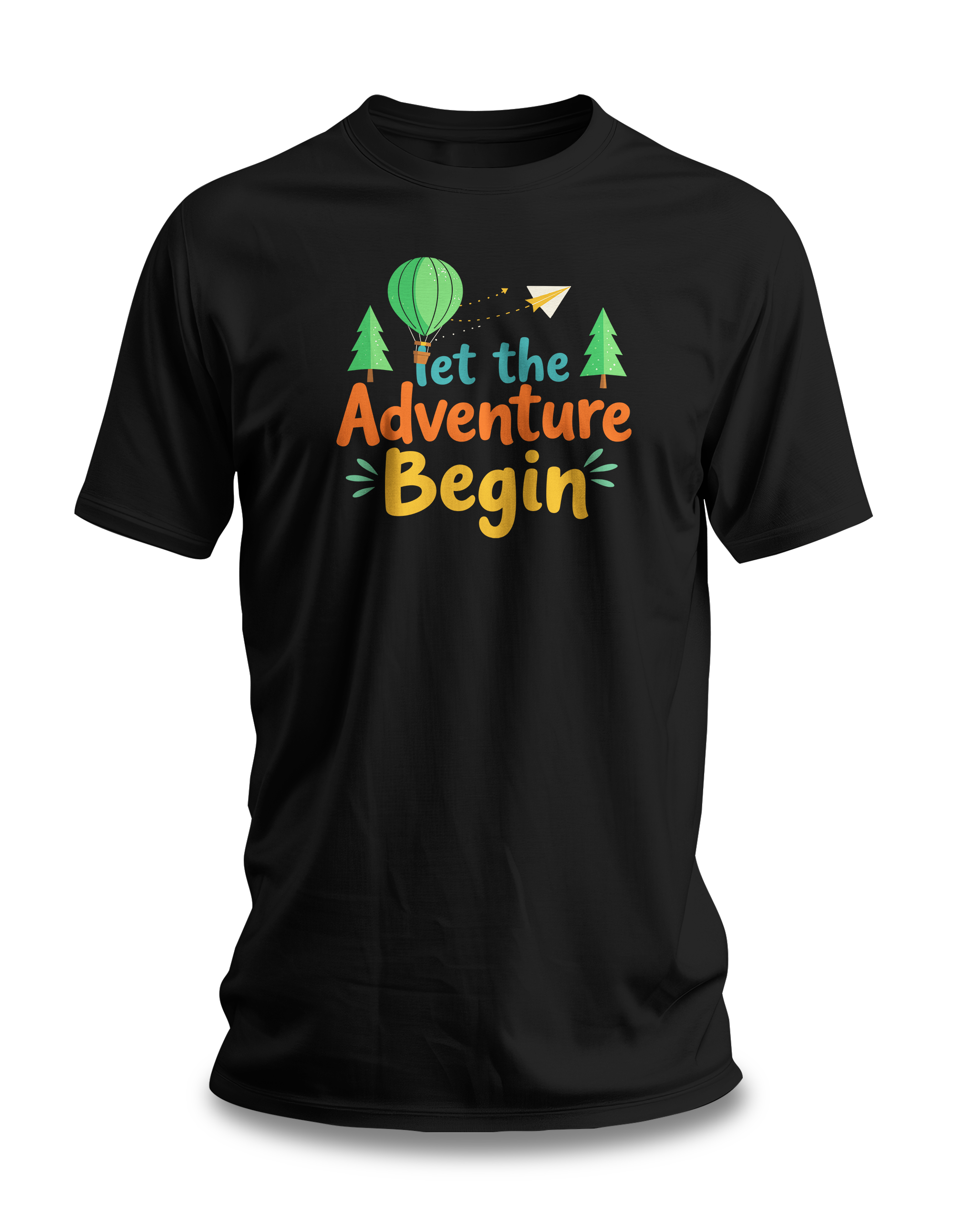 A black crew neck t-shirt with the phrase 'Let the Adventure Begin' printed in a colorful font, accompanied by images of a hot air balloon, trees, and a paper plane.