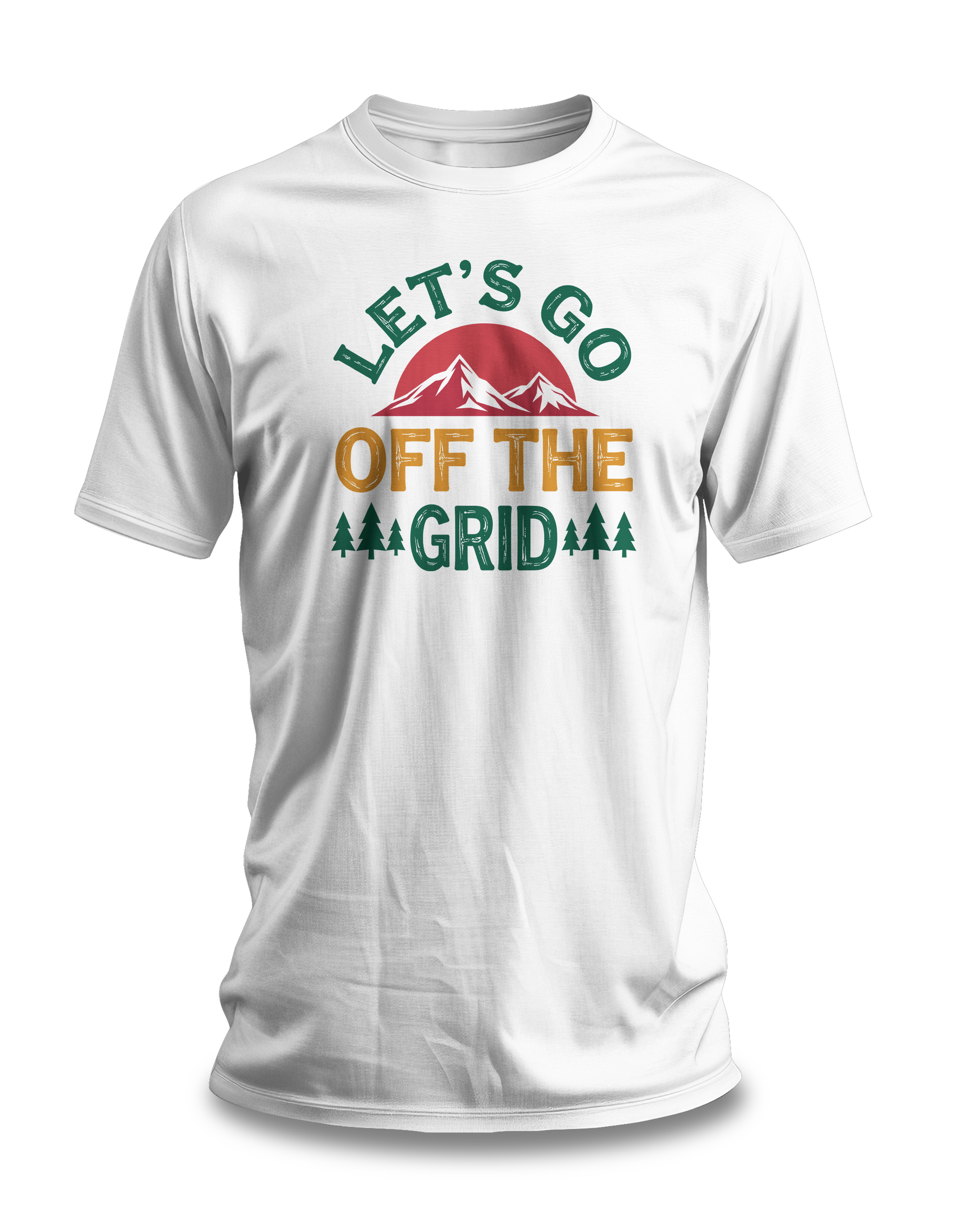 White crew neck t-shirt with text 'LET'S GO OFF THE GRID' printed above a mountain and sunset graphic