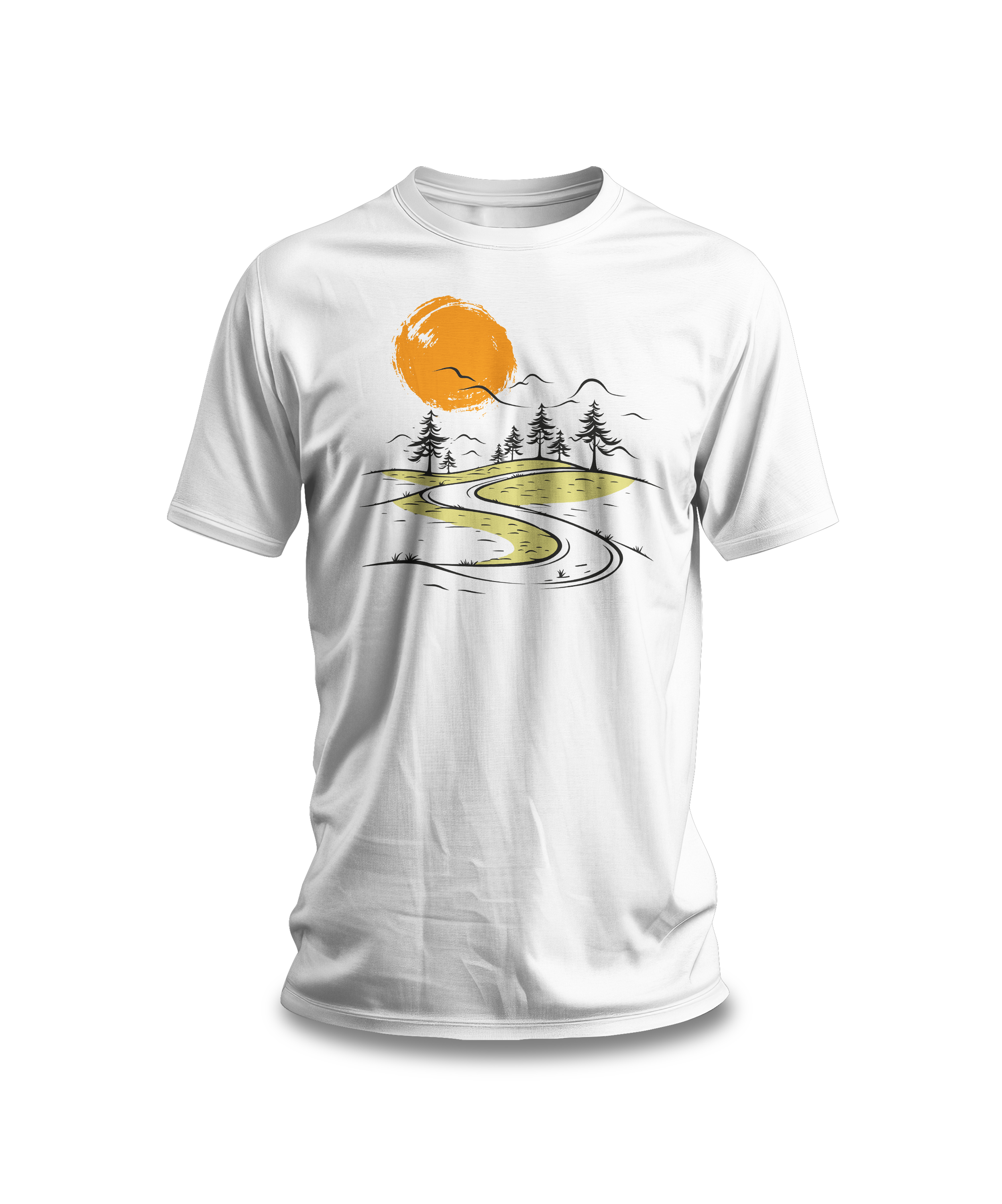 White t-shirt with minimalist nature road and orange sun graphic