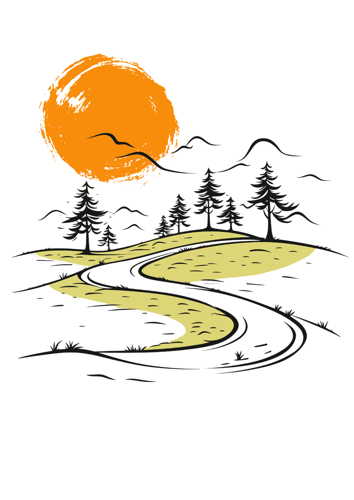 White t-shirt with minimalist nature road and orange sun graphic