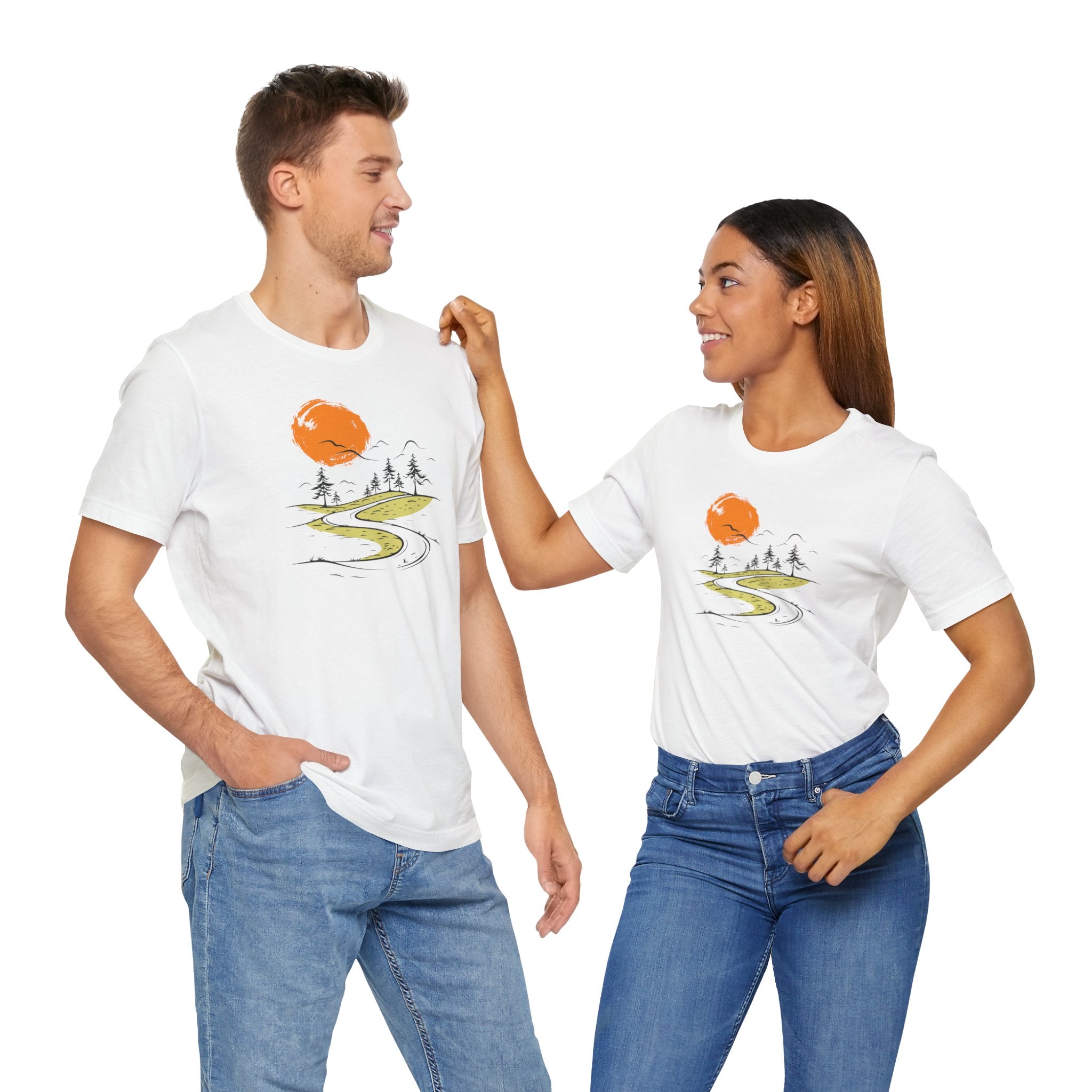 White t-shirt with minimalist nature road and orange sun graphic
