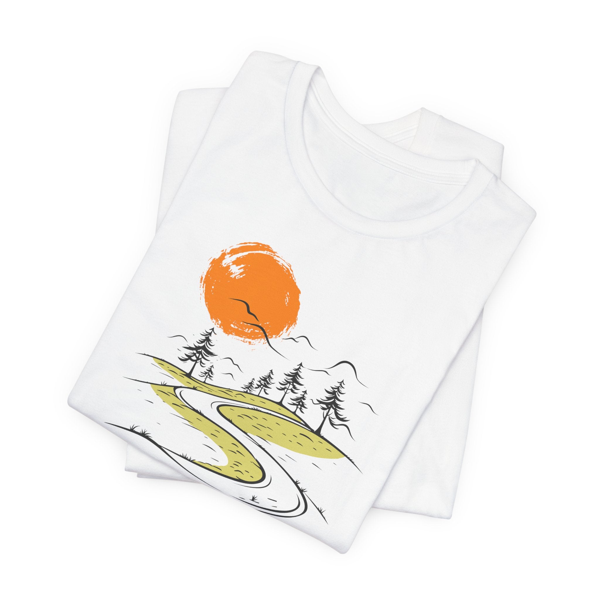 White t-shirt with minimalist nature road and orange sun graphic