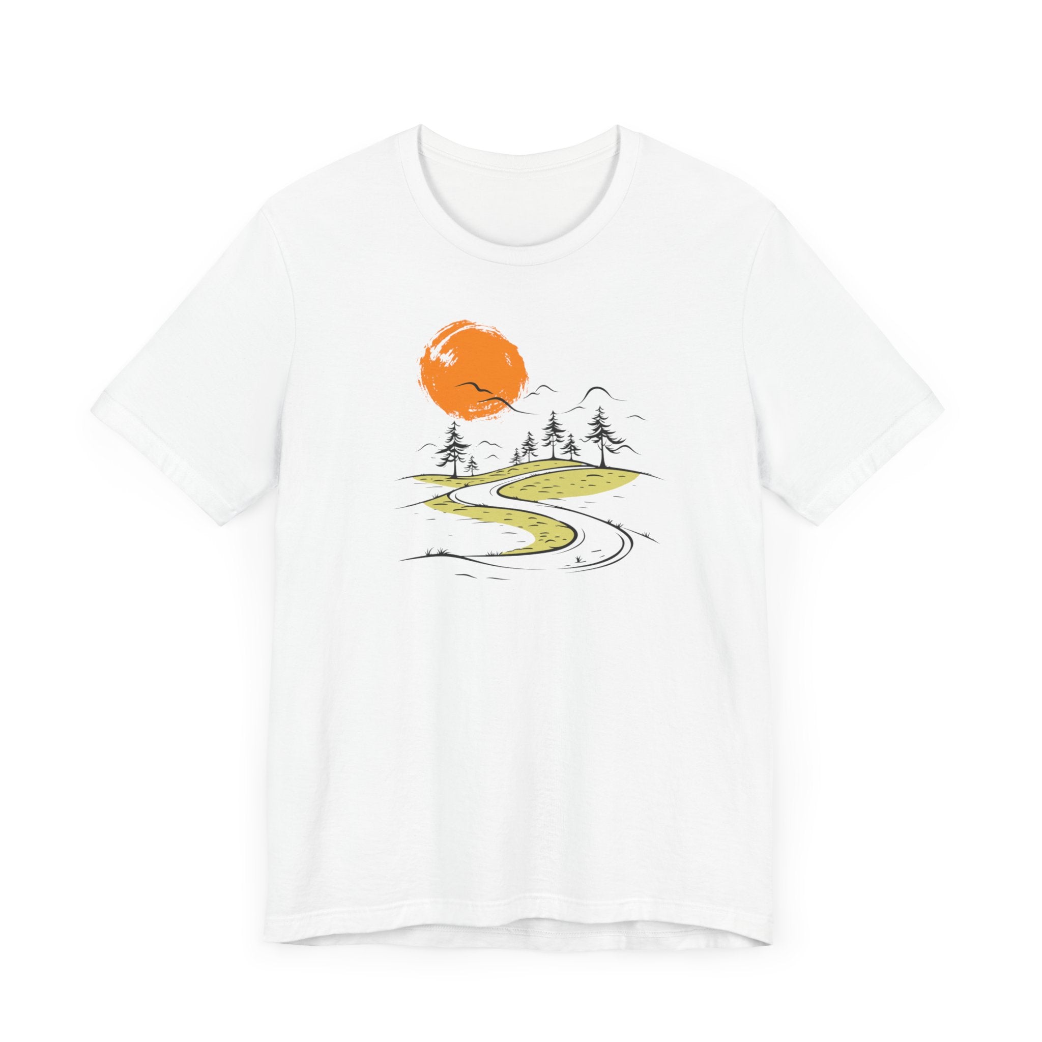 White t-shirt with minimalist nature road and orange sun graphic
