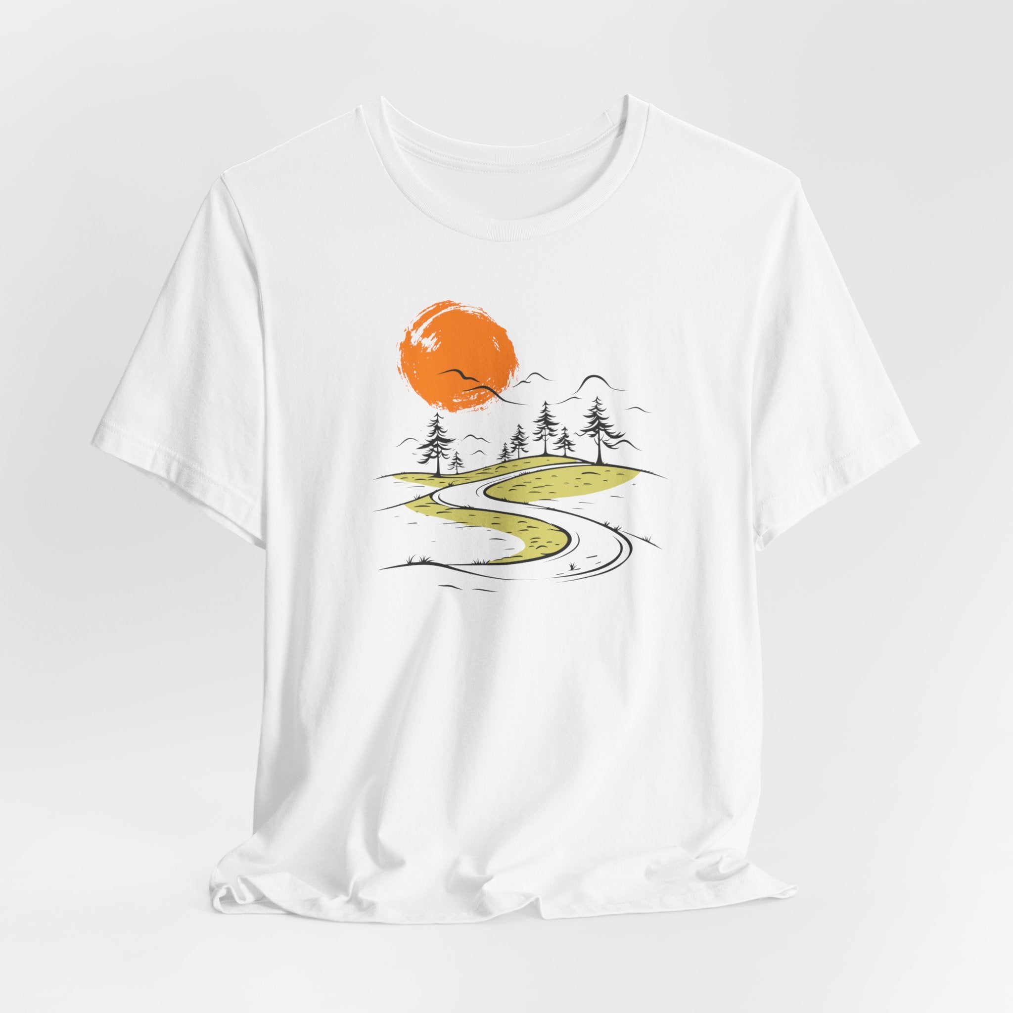 White t-shirt with minimalist nature road and orange sun graphic