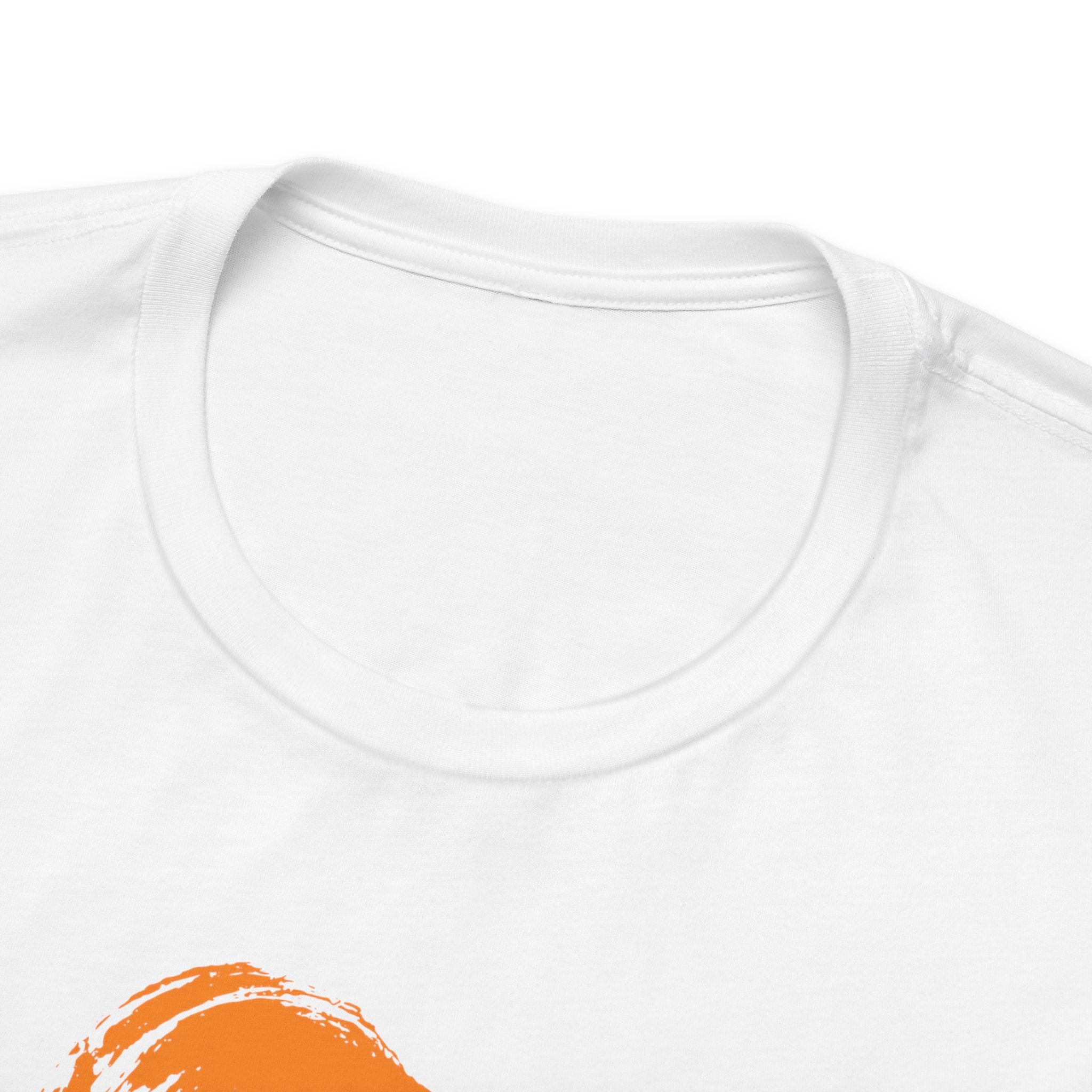 White t-shirt with minimalist nature road and orange sun graphic