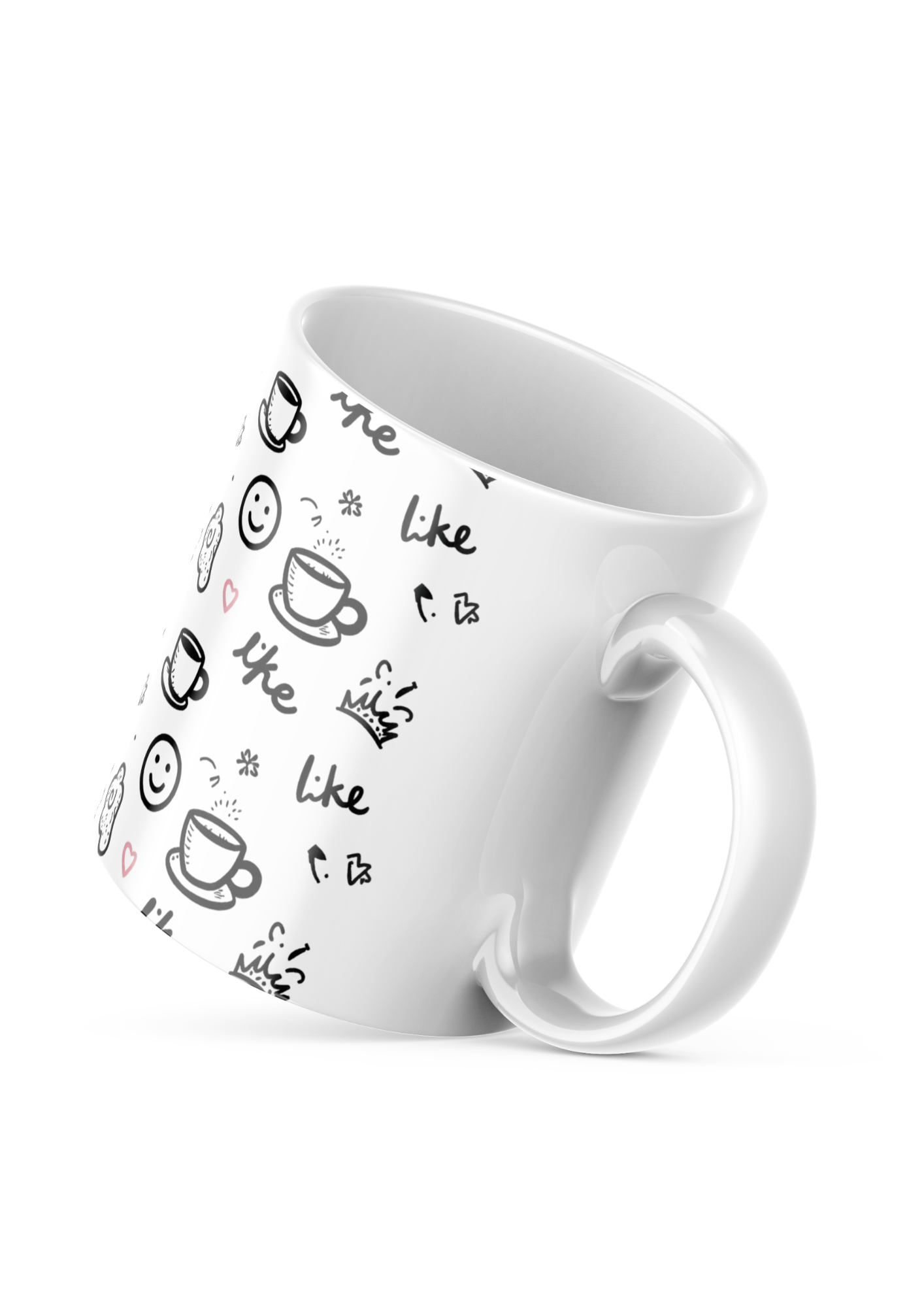 A white ceramic coffee cup with a playful doodle design, featuring the word 'Like' repeated in a playful script, accompanied by doodles of coffee cups, smiley faces, hearts, crowns, and pastries.