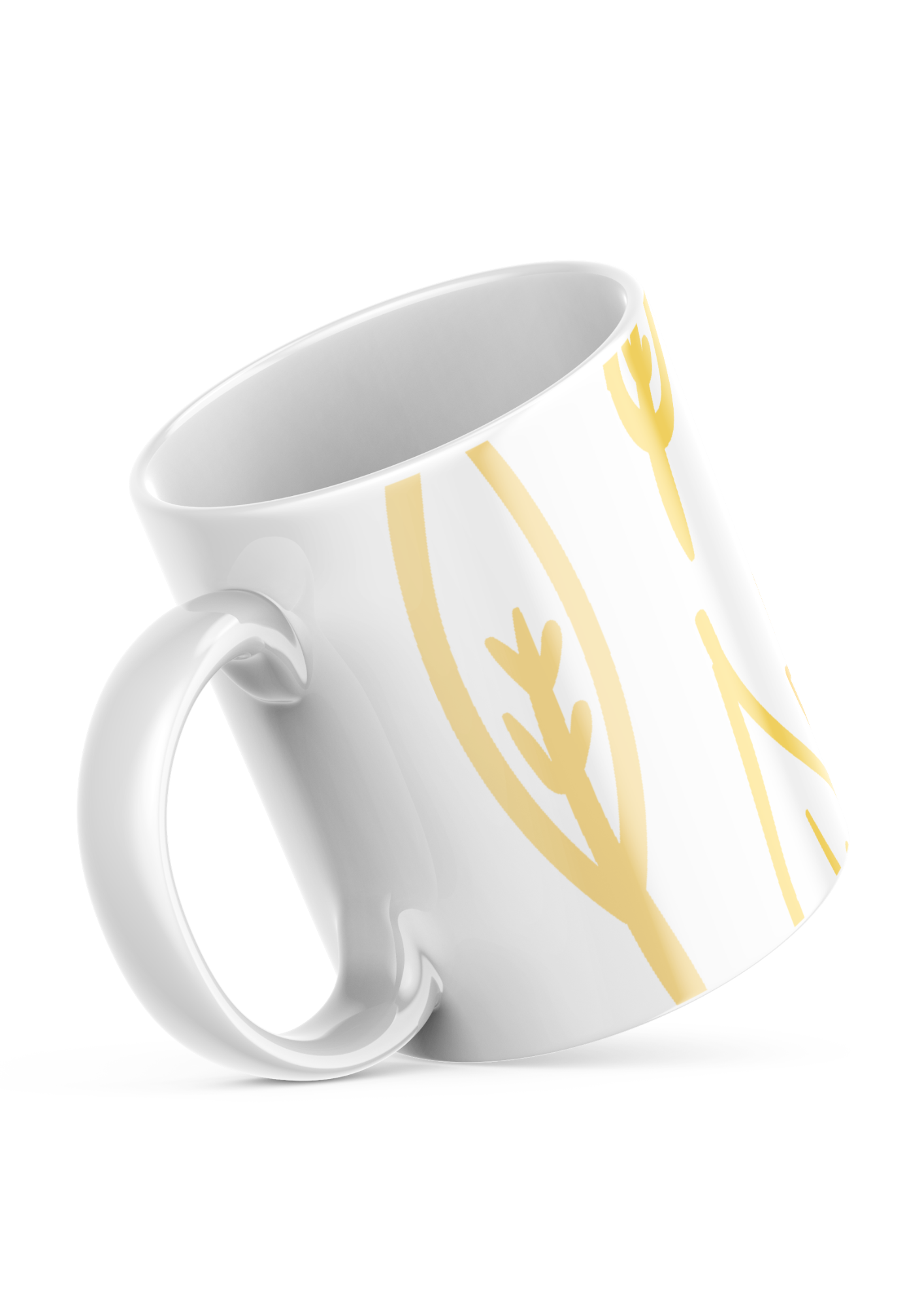 White ceramic mug with botanical handle detail