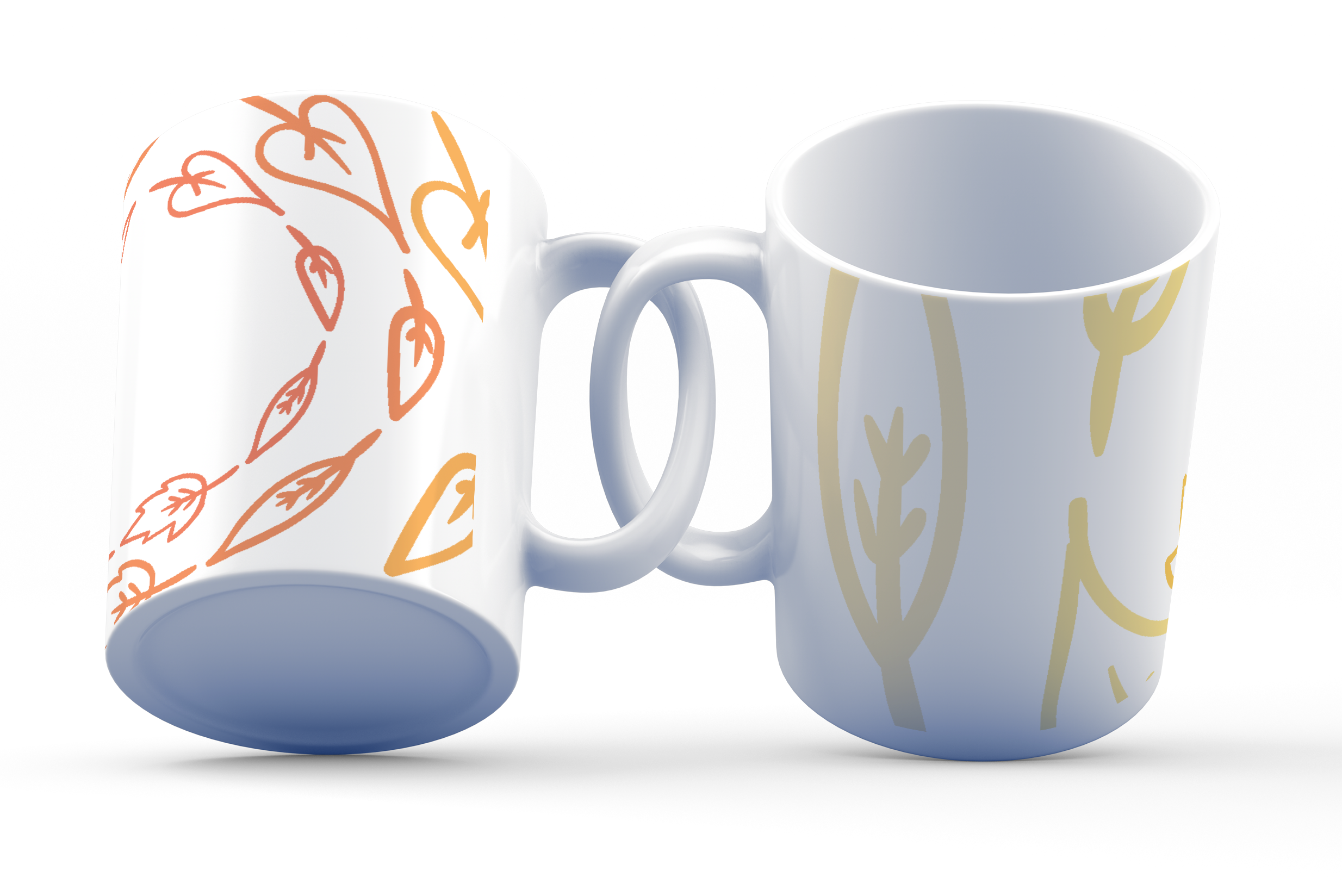 Two white ceramic mugs with minimalist leaf and sprig designs in orange and beige colors, one with a handle facing up and the other with a handle facing down.
