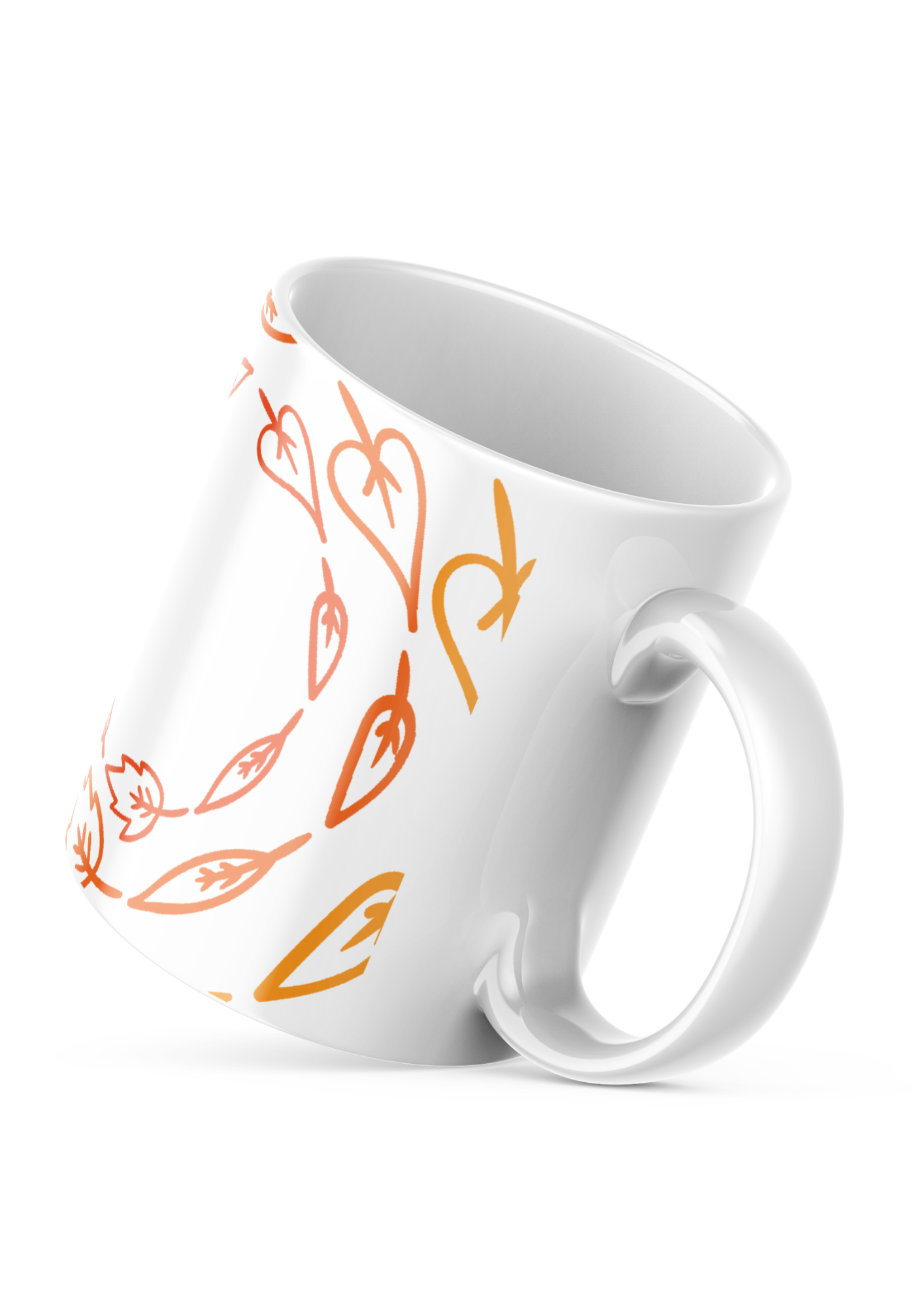 Closeup of orange and beige leaves pattern on mug