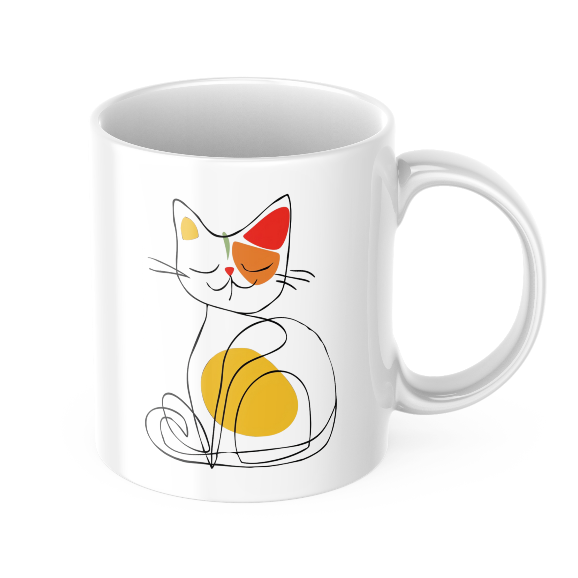 Closeup of minimalist line art cat in orange and yellow on ceramic mug