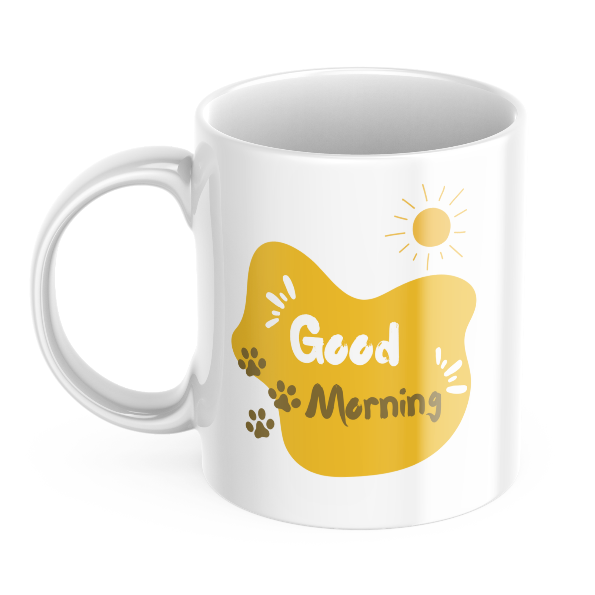 Mug handle with Good Morning text and sun, minimalist cat mug