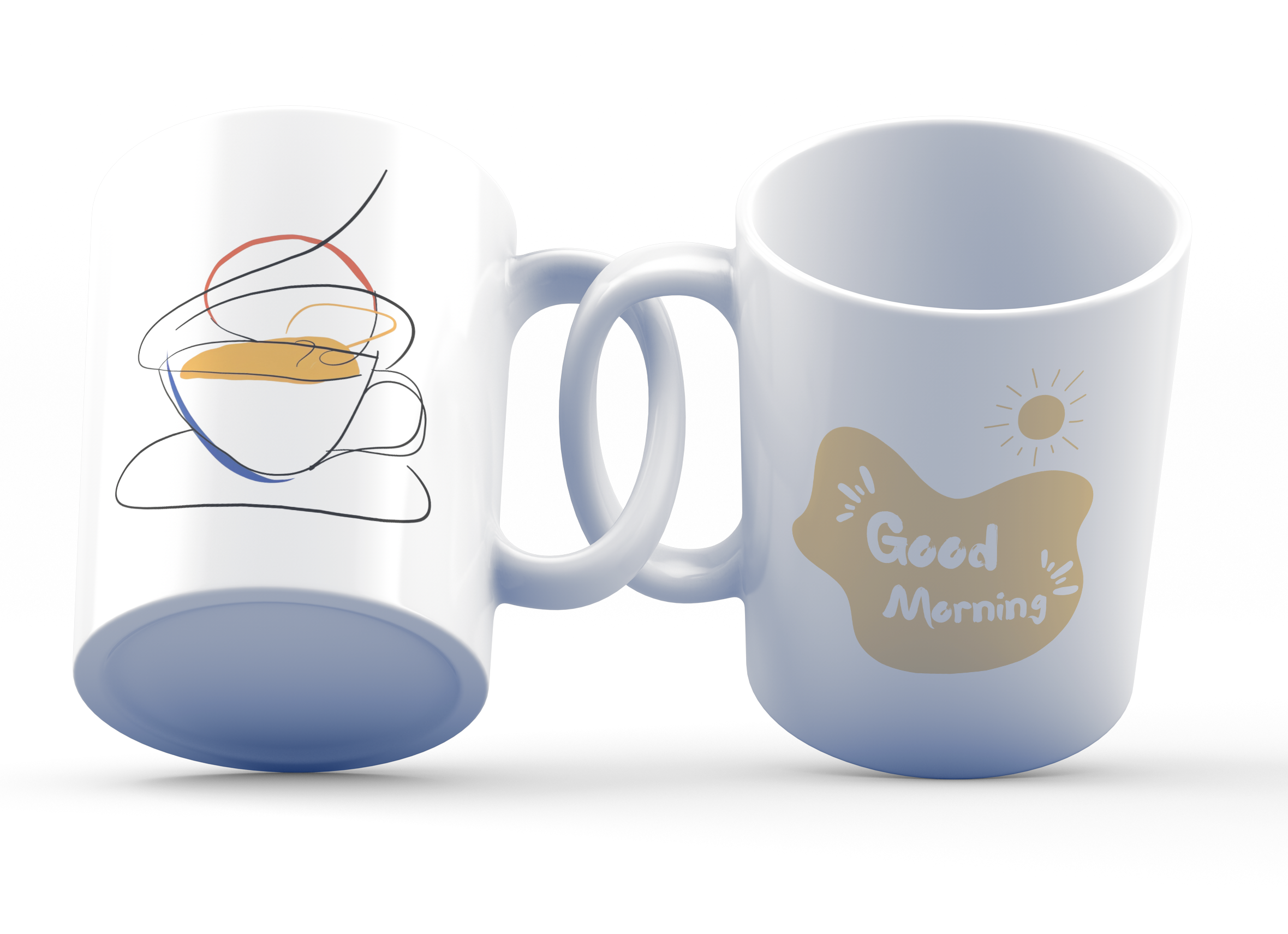 A white ceramic mug with minimalist coffee line art and a 'Good Morning' accent, displayed with its shadow.