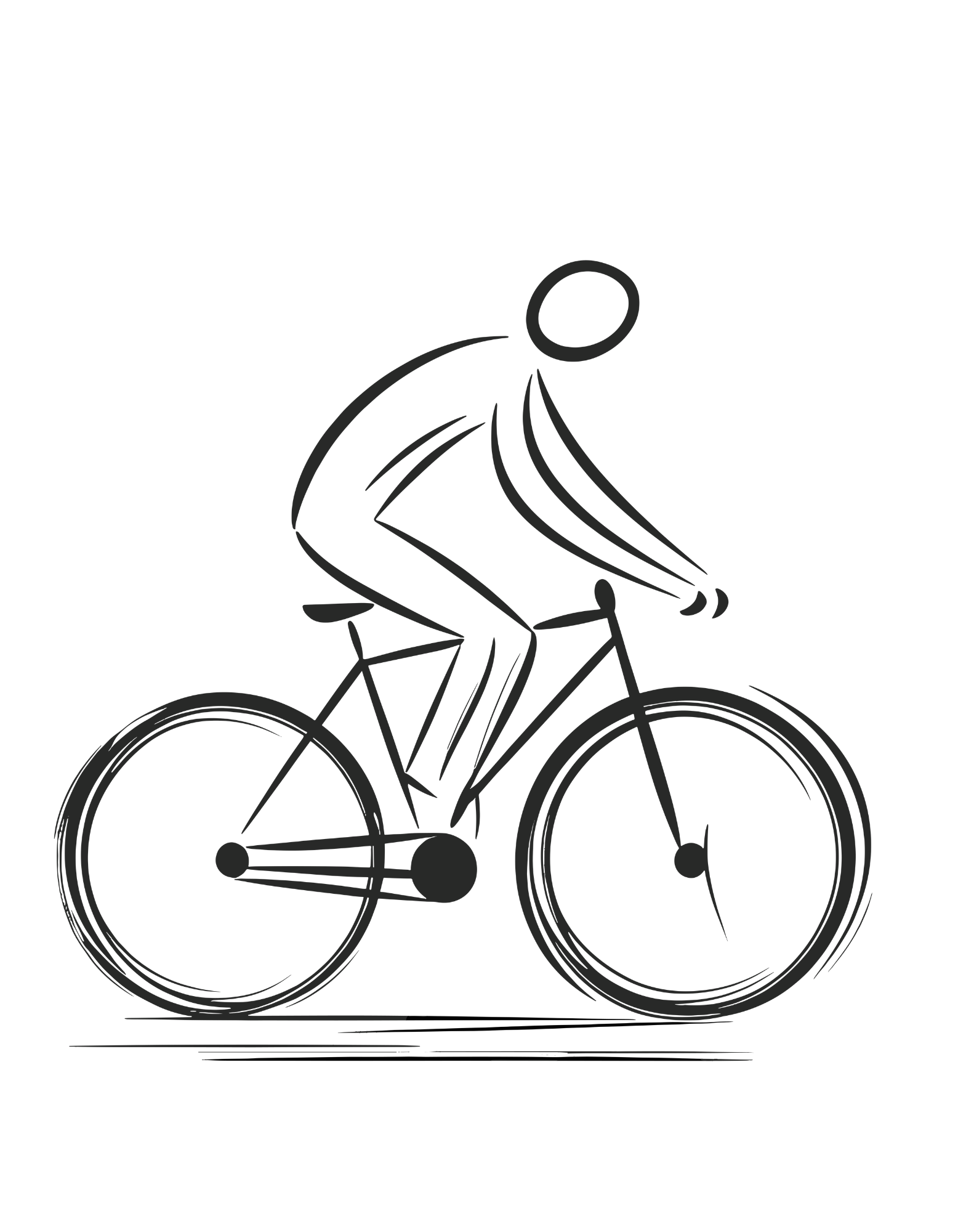 White cotton unisex t-shirt with a minimalist black line art design of a cyclist on a bicycle.