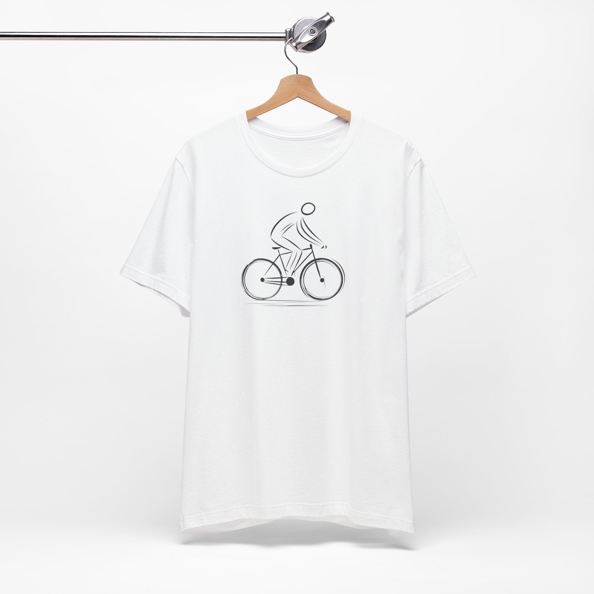 White cotton unisex t-shirt with a minimalist black line art design of a cyclist on a bicycle.
