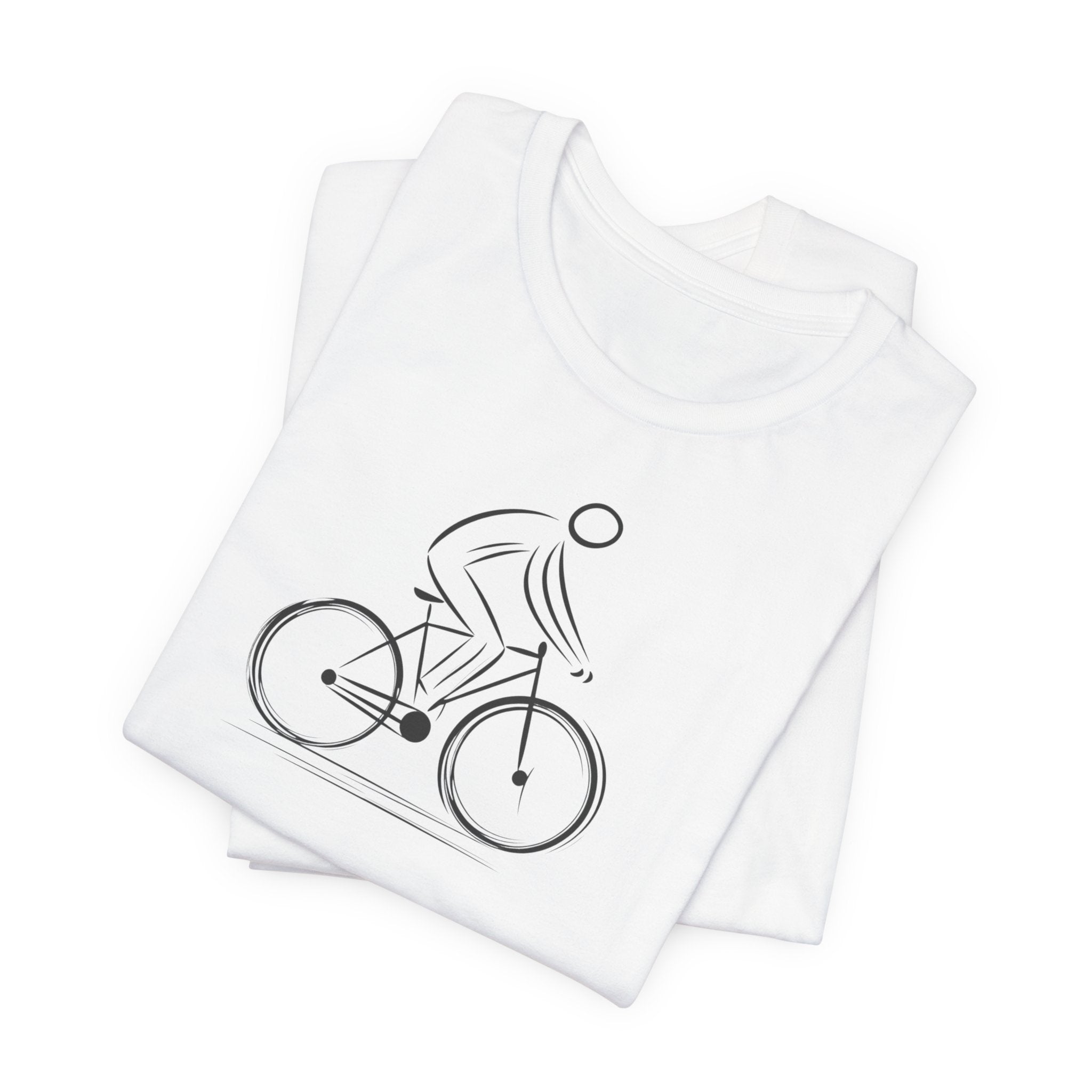 White cotton unisex t-shirt with a minimalist black line art design of a cyclist on a bicycle.