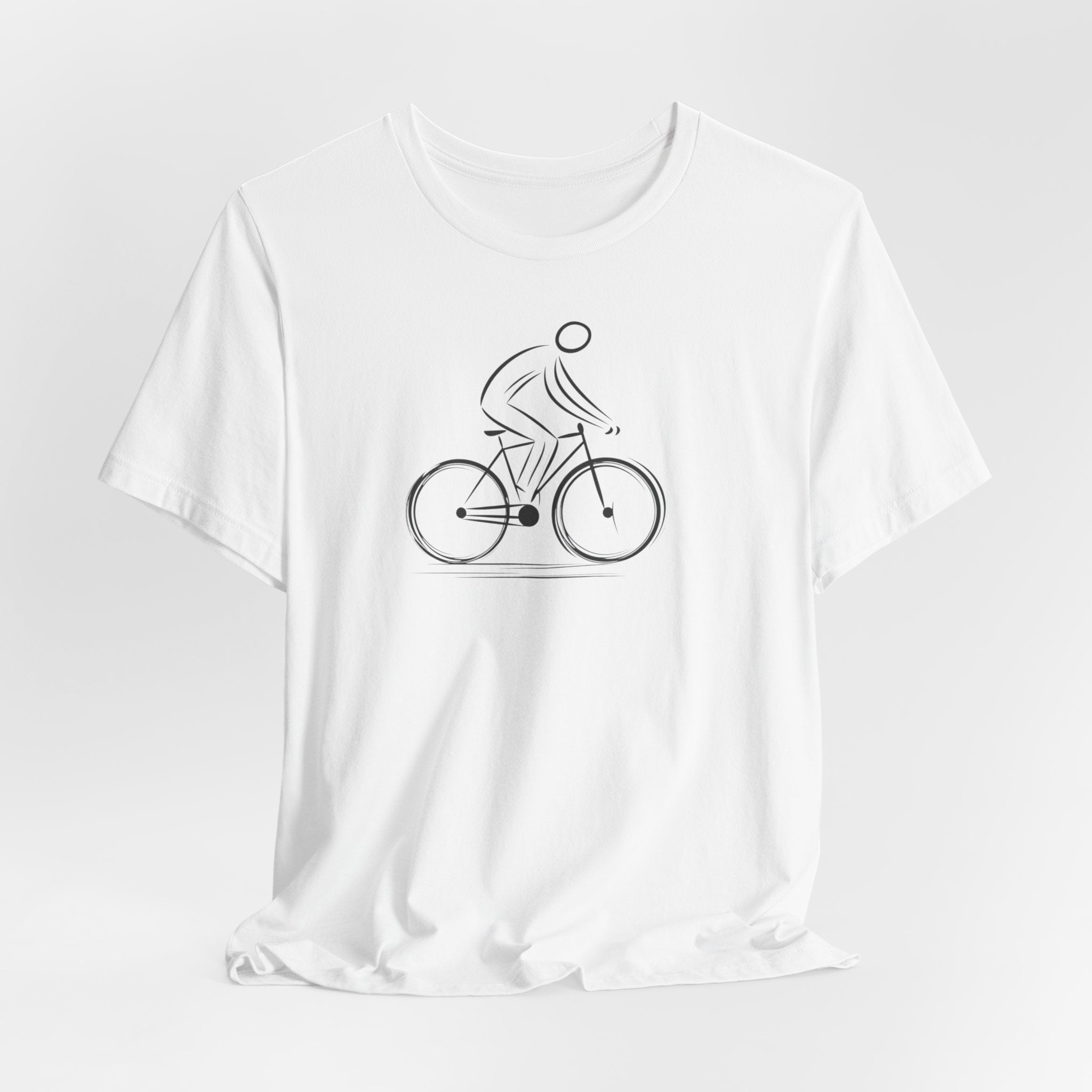 White cotton unisex t-shirt with a minimalist black line art design of a cyclist on a bicycle.