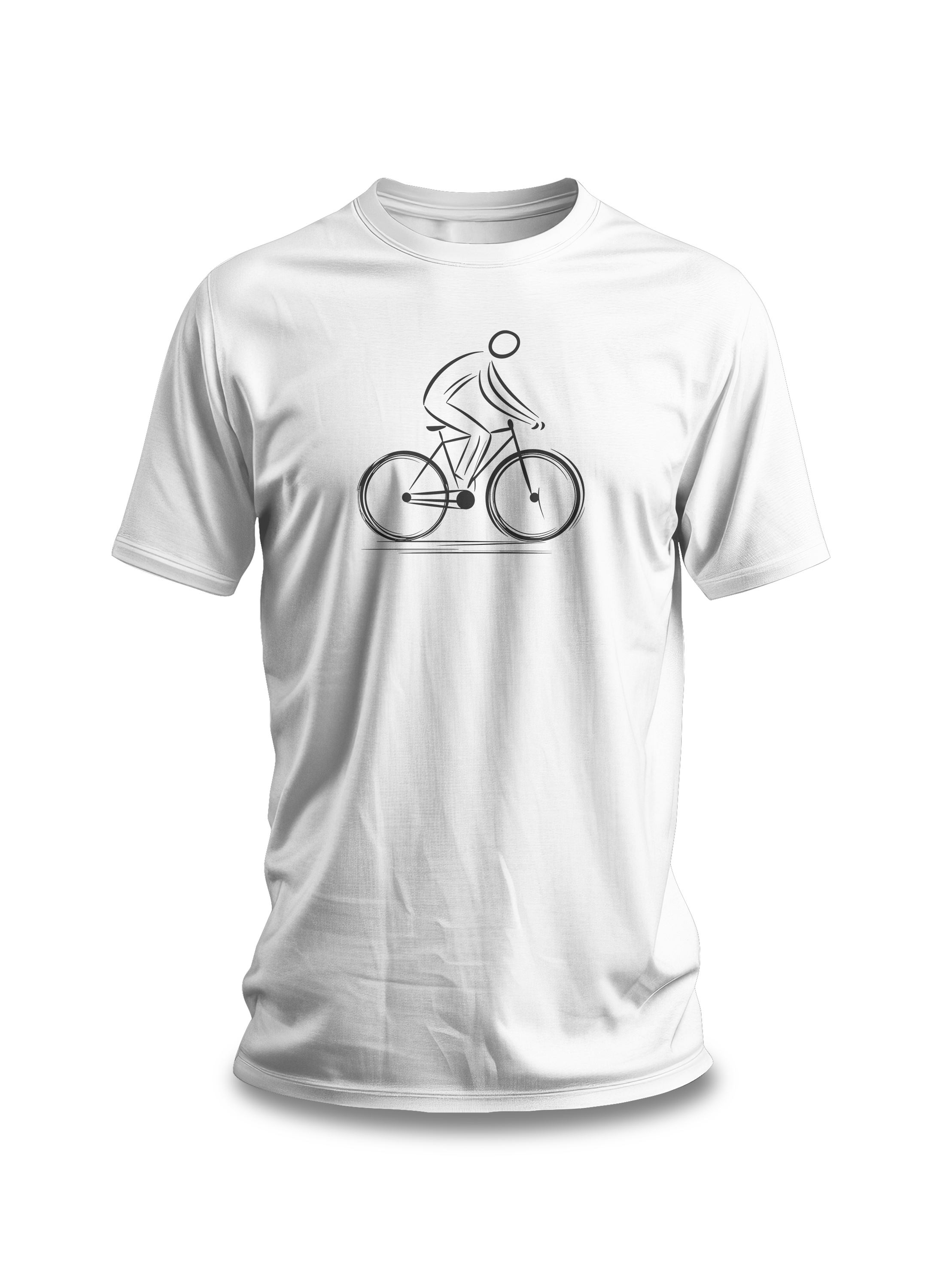 White cotton unisex t-shirt with a minimalist black line art design of a cyclist on a bicycle.