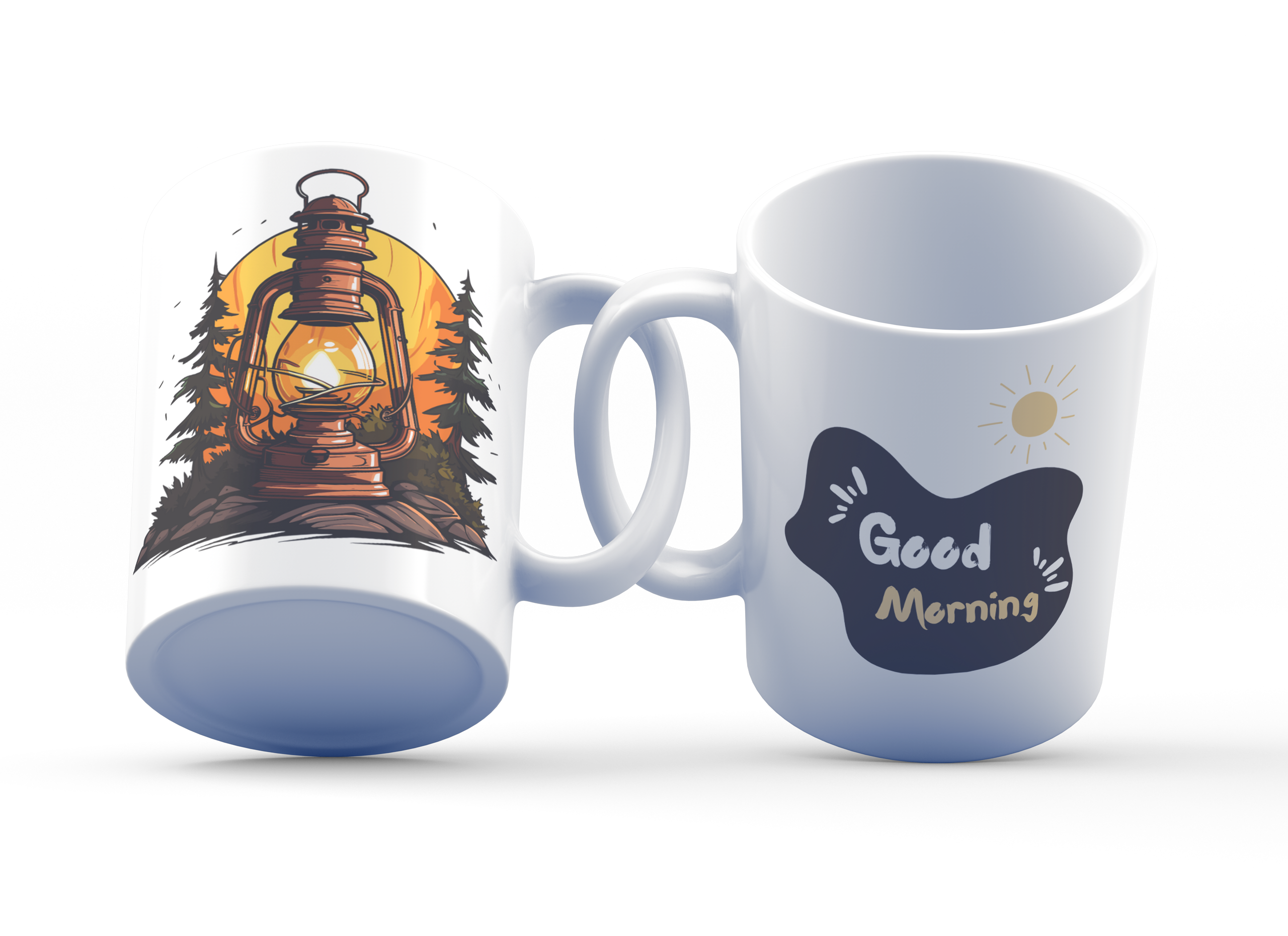 A two-sided 11 oz ceramic mug with a vintage lantern and forest silhouette artwork on a white background. The mug has a handle on the side and a 'Good Morning' text on the front.