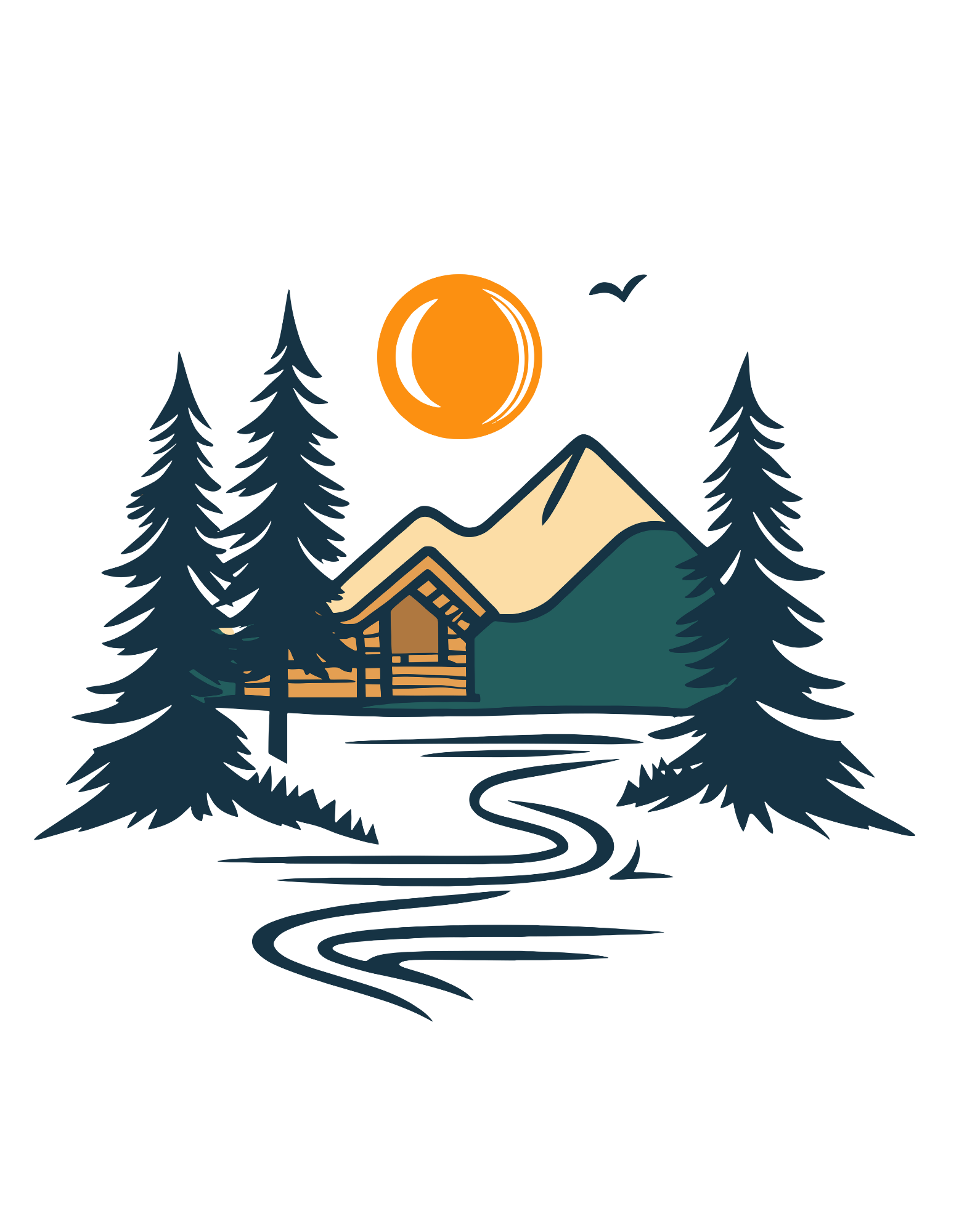 A white cotton t-shirt with a graphic design featuring a cabin, trees, and a mountain range with a warm orange sun.