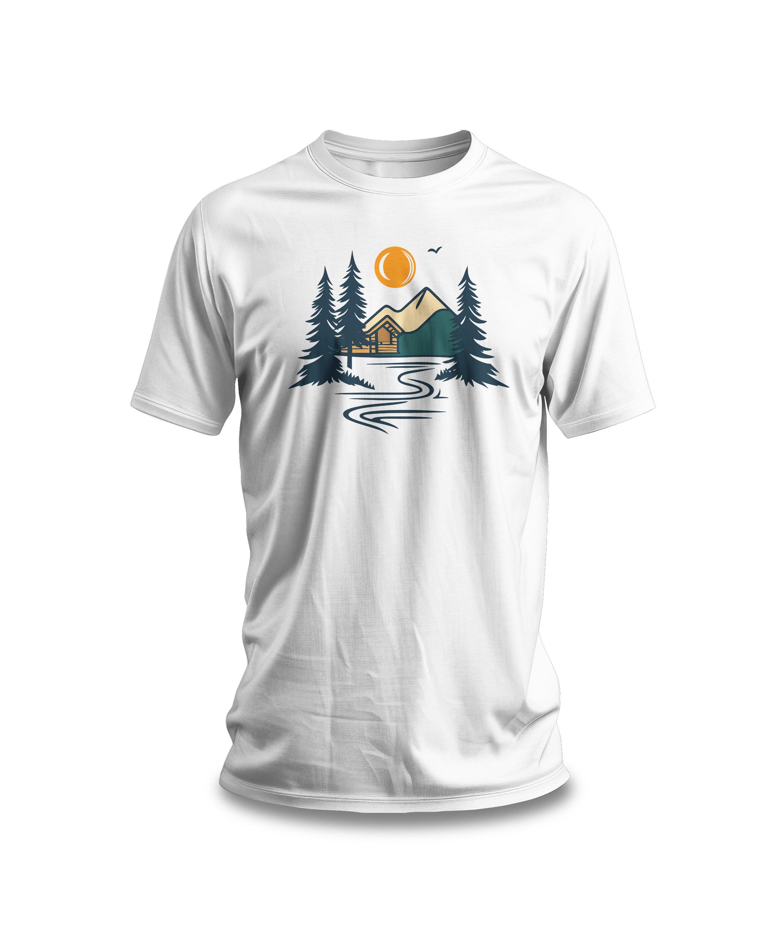 A white cotton t-shirt with a graphic design featuring a cabin, trees, and a mountain range with a warm orange sun.
