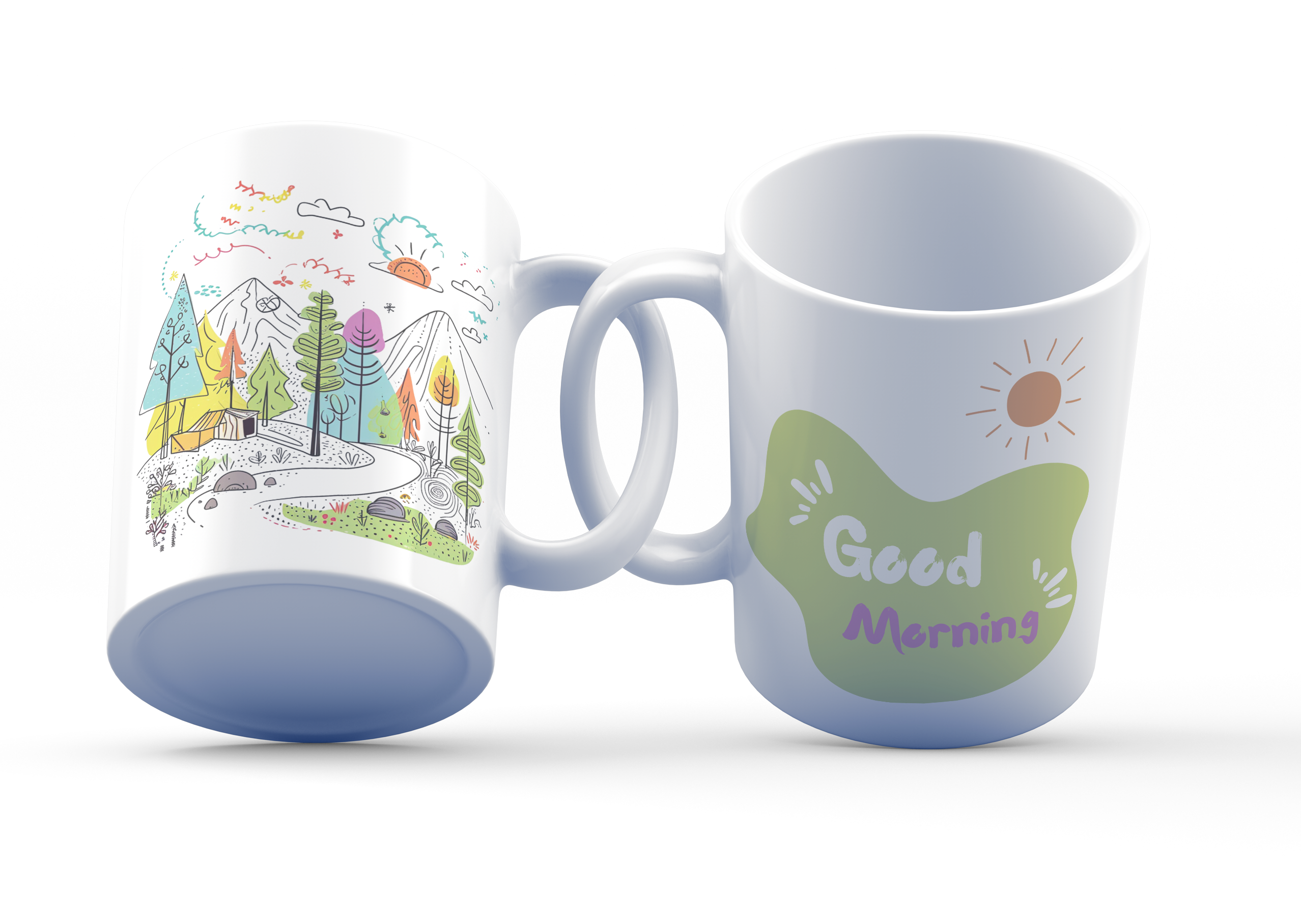 A white ceramic coffee cup with a whimsical hand-drawn mountain and cabin scene, and a 'Good Morning' message with a sun illustration.