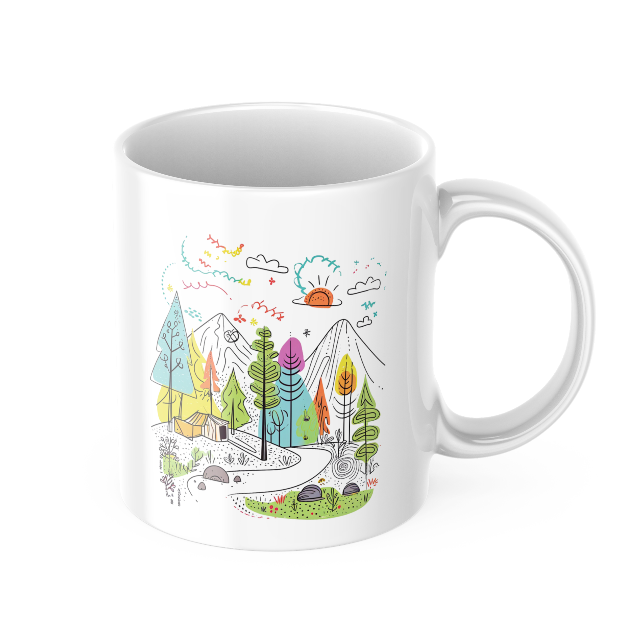 Colorful mountain camping mug 11oz – outdoor scene with tent, trees, and mountains