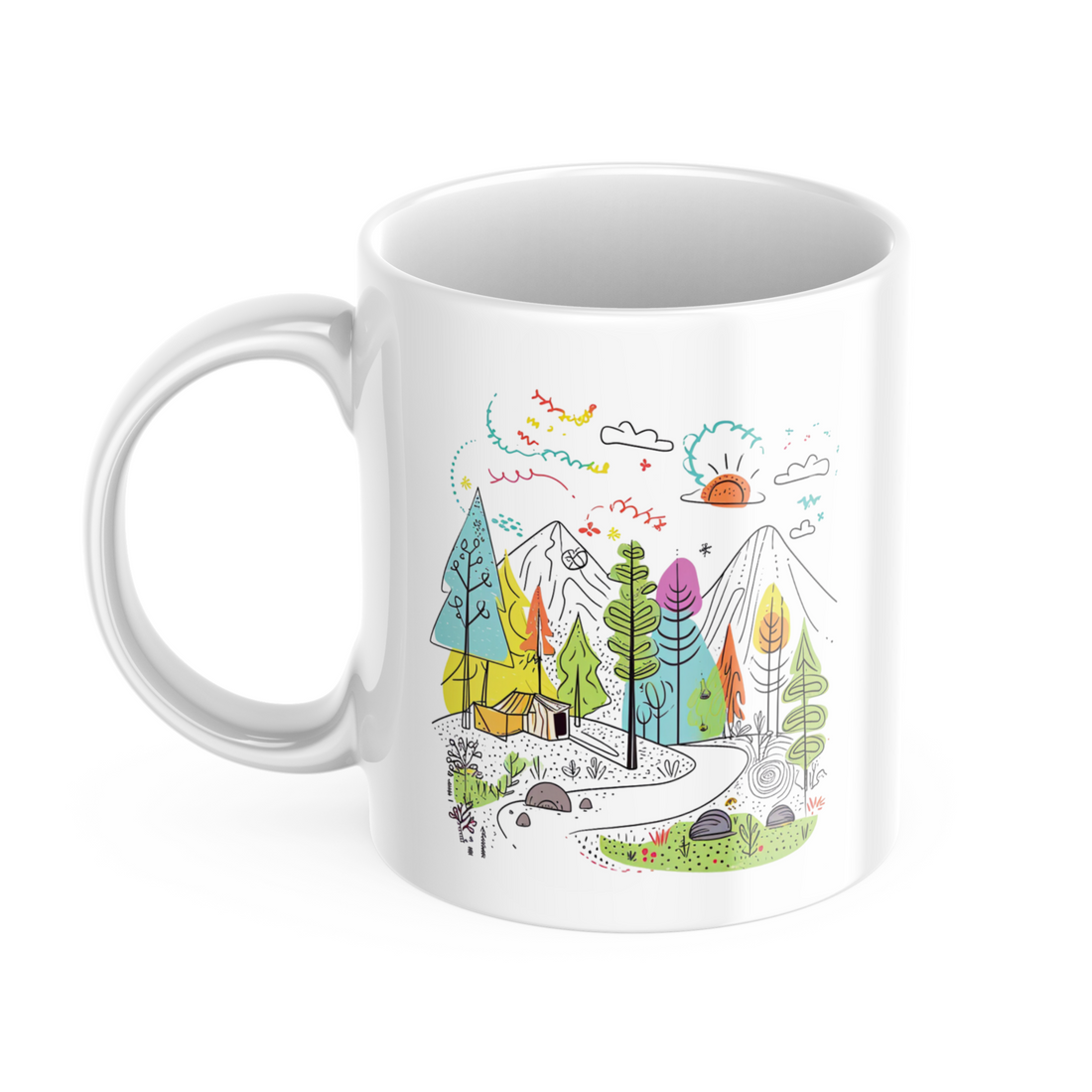 Person holding Good Morning mountain mug outdoors during sunrise – 11oz ceramic adventure coffee cup