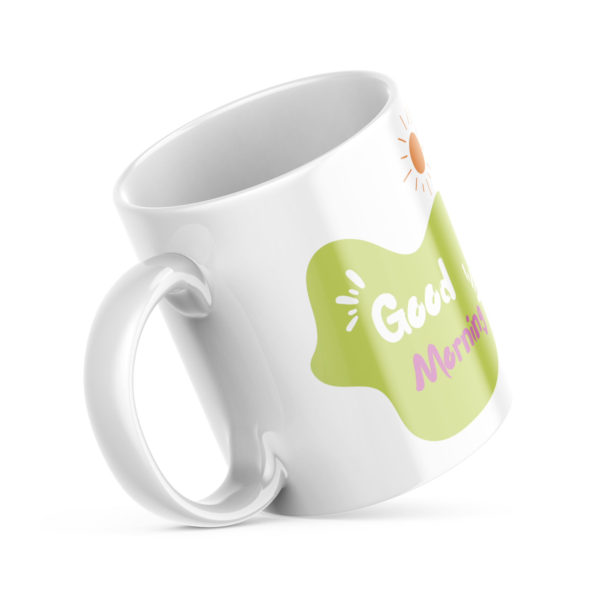 Reverse side of camping mug with "Good Morning" text and sun design – ceramic coffee cup