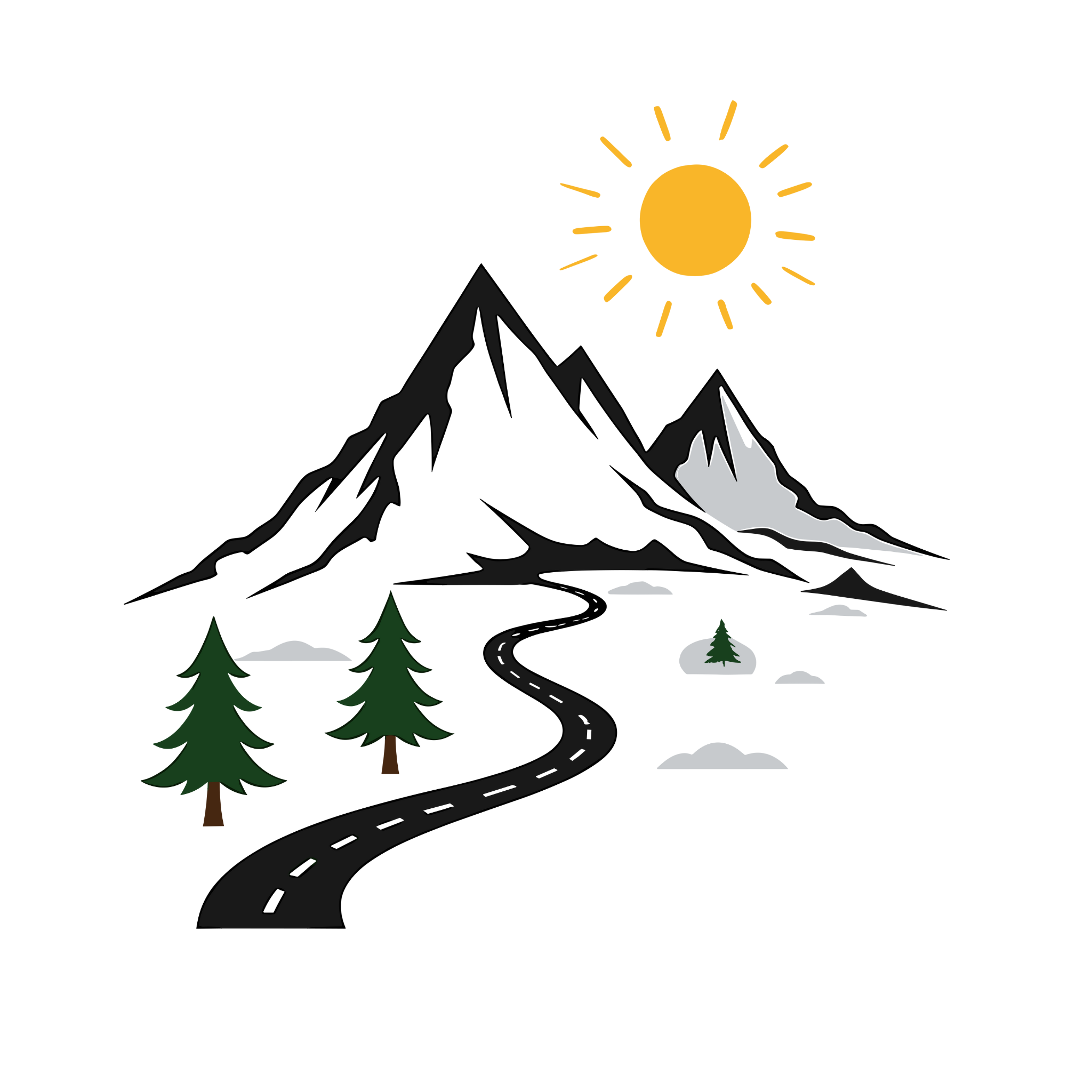 A white crew neck t-shirt with a graphic print of mountains, a winding road, and sun.