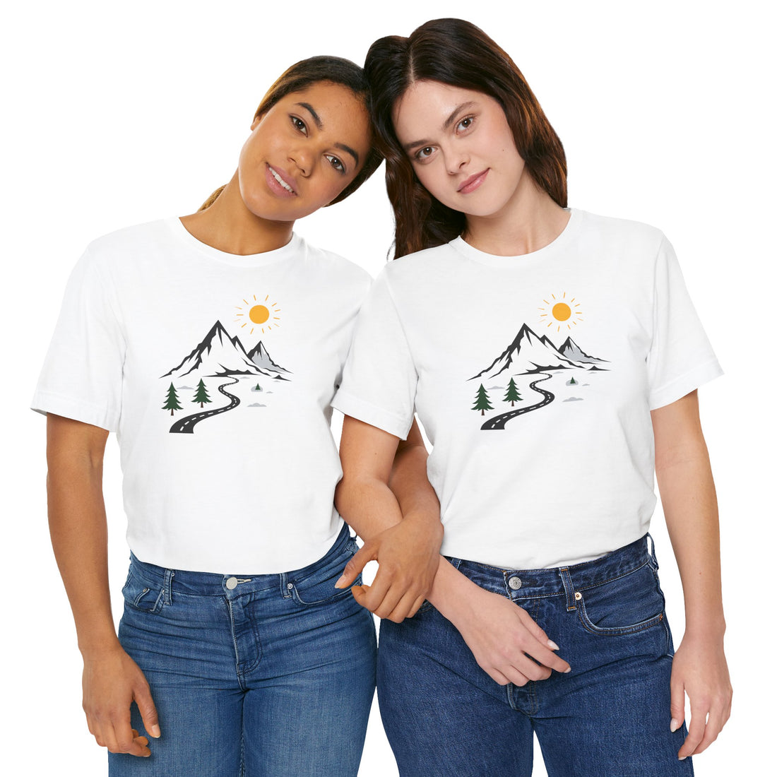 A white crew neck t-shirt with a graphic print of mountains, a winding road, and sun.