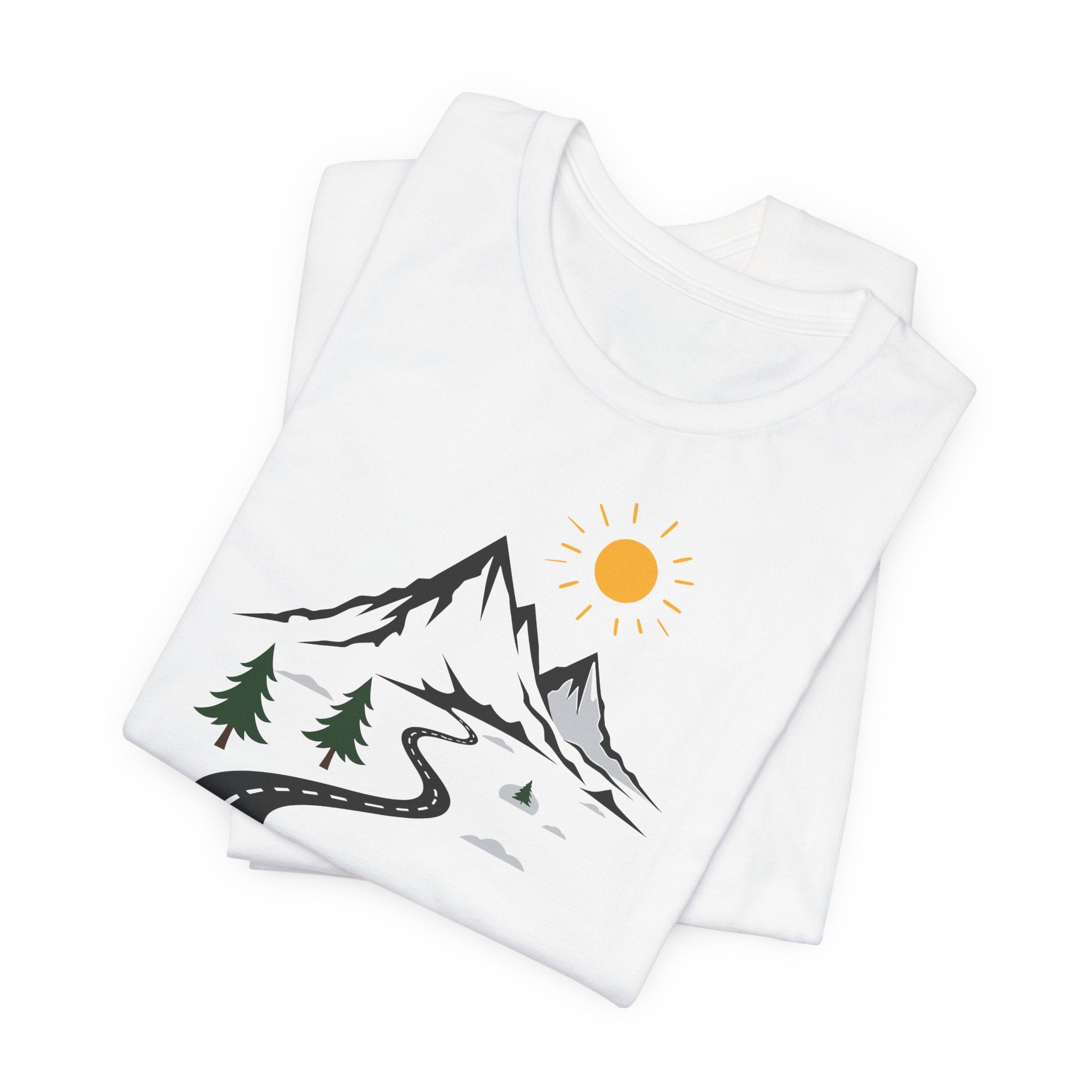 A white crew neck t-shirt with a graphic print of mountains, a winding road, and sun.