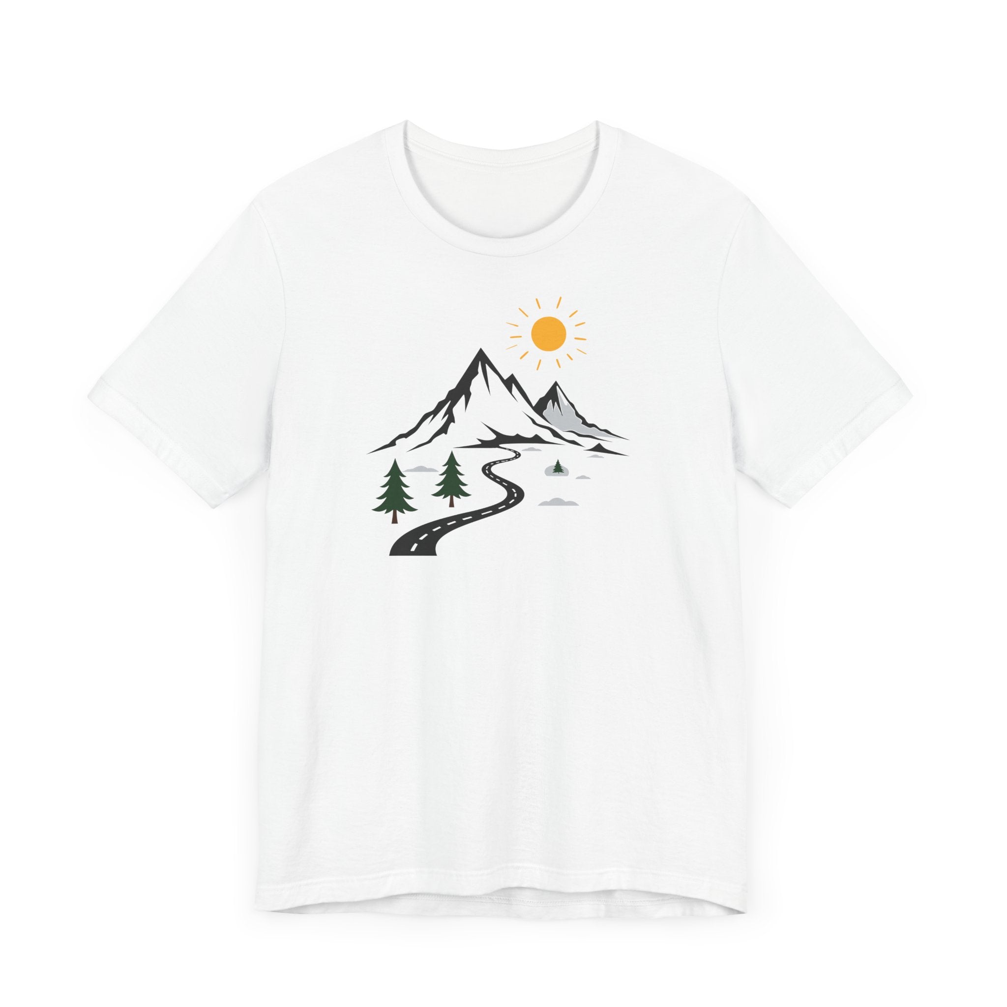 A white crew neck t-shirt with a graphic print of mountains, a winding road, and sun.