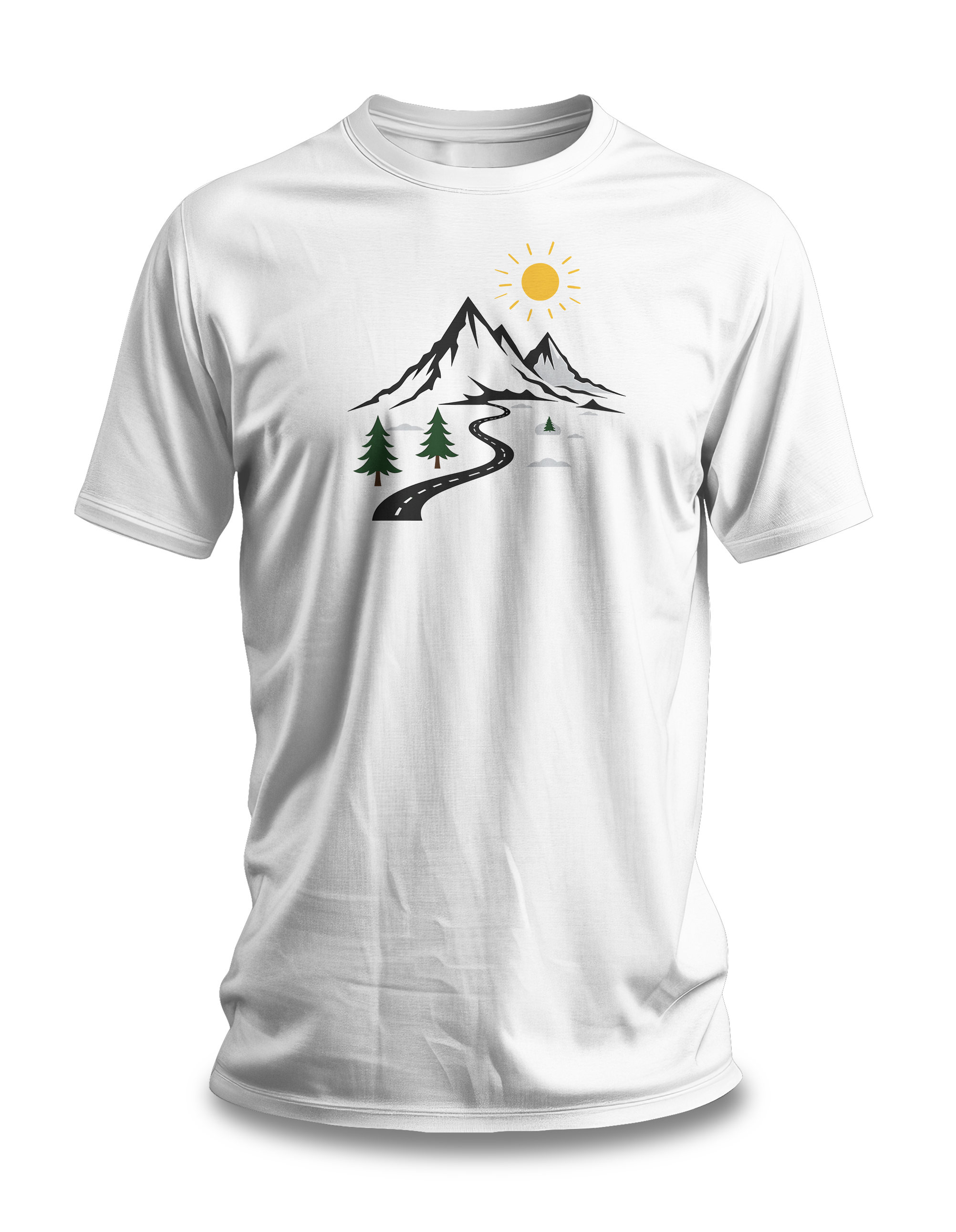 A white crew neck t-shirt with a graphic print of mountains, a winding road, and sun.