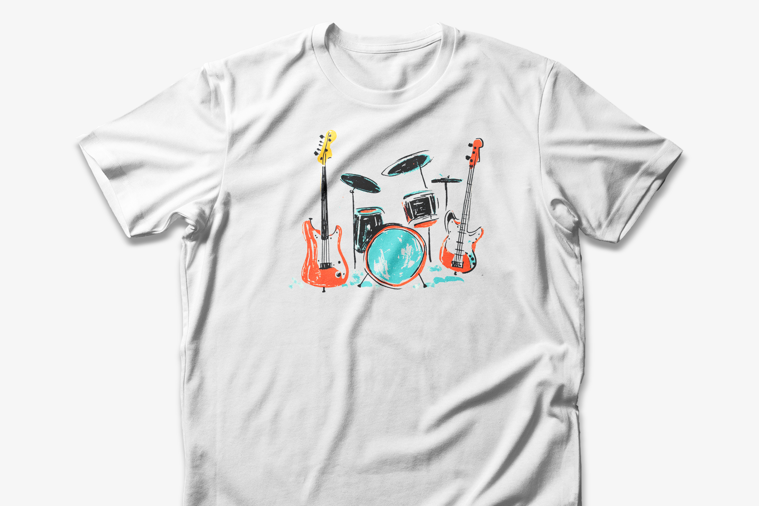 White t-shirt with rock band graphic featuring drum set and guitars
