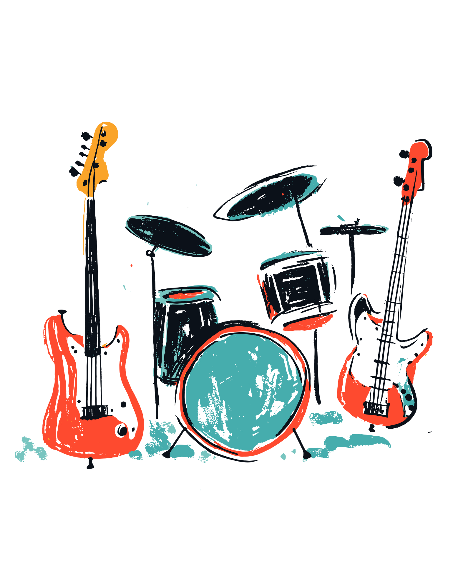 White t-shirt with rock band graphic featuring drum set and guitars