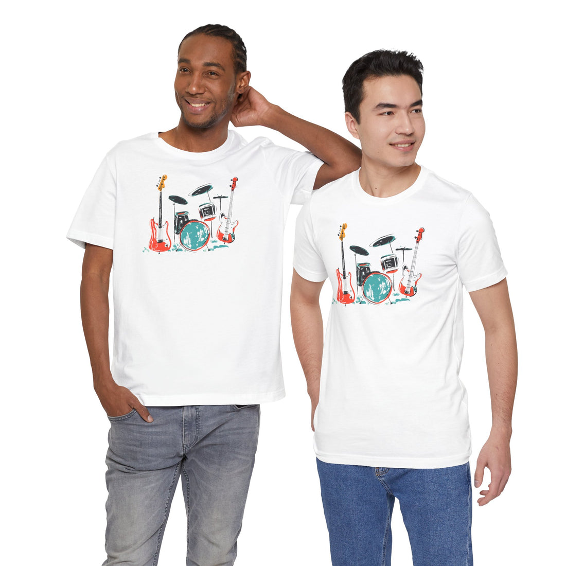 White t-shirt with rock band graphic featuring drum set and guitars