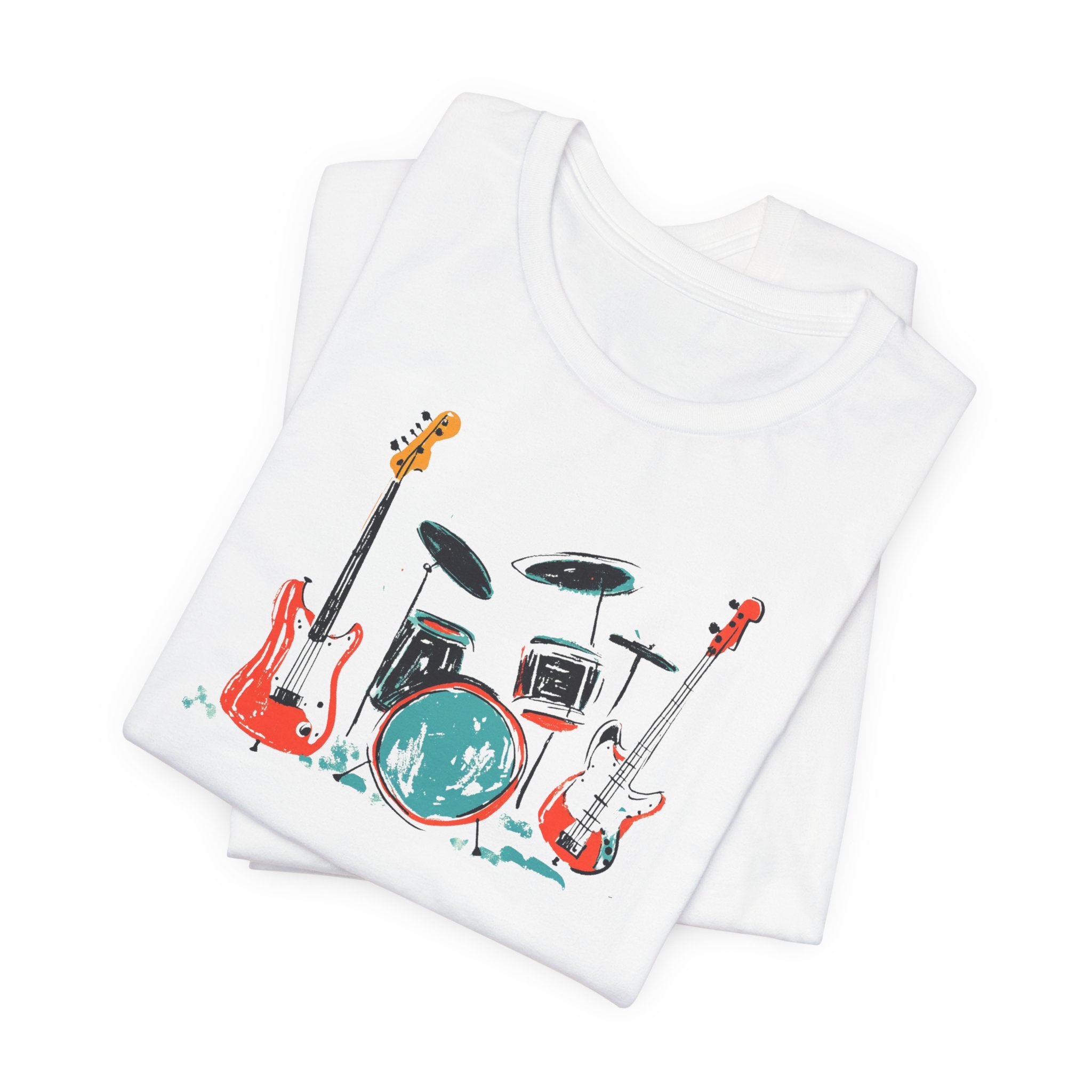 White t-shirt with rock band graphic featuring drum set and guitars