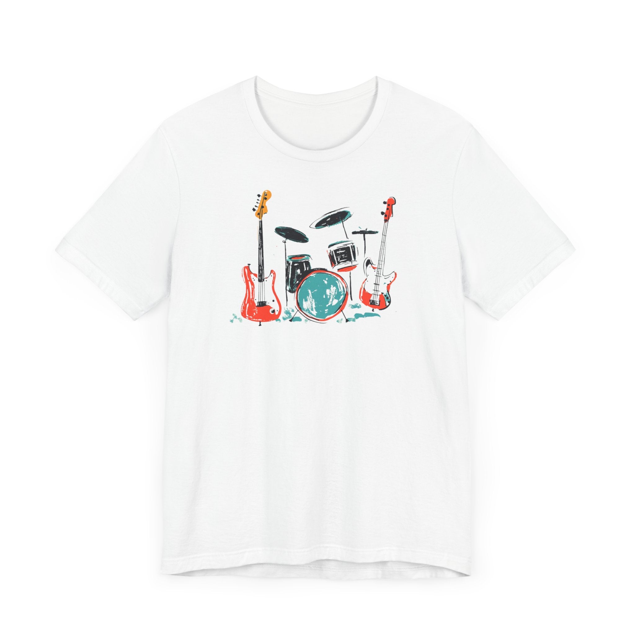 White t-shirt with rock band graphic featuring drum set and guitars