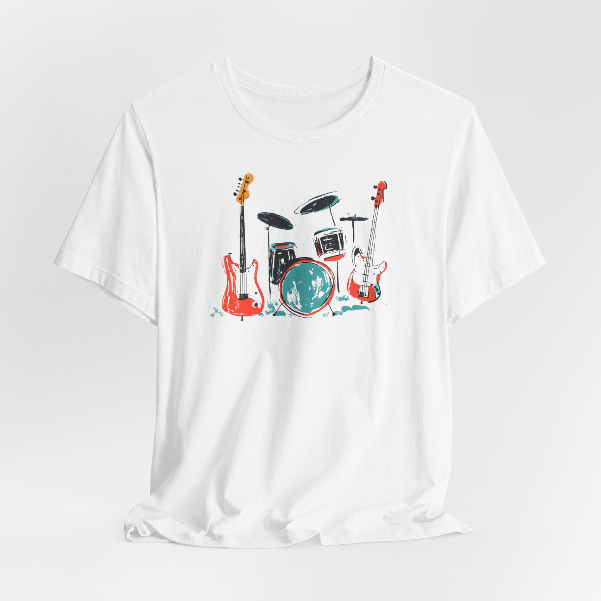 White t-shirt with rock band graphic featuring drum set and guitars