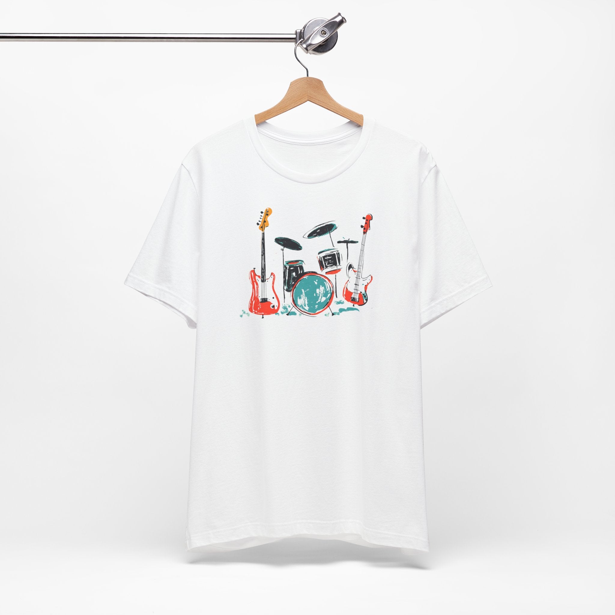 White t-shirt with rock band graphic featuring drum set and guitars