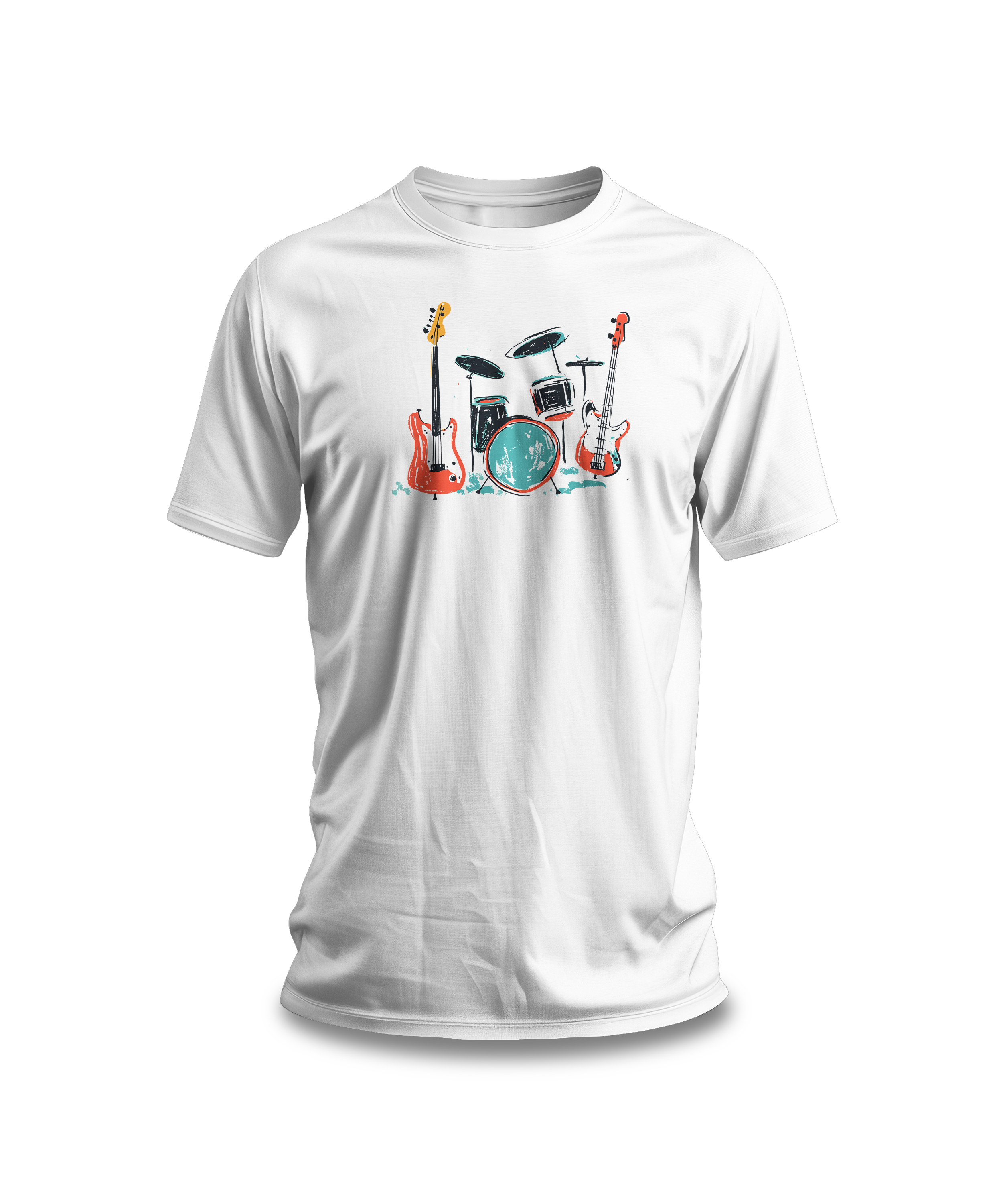 White t-shirt with rock band graphic featuring drum set and guitars