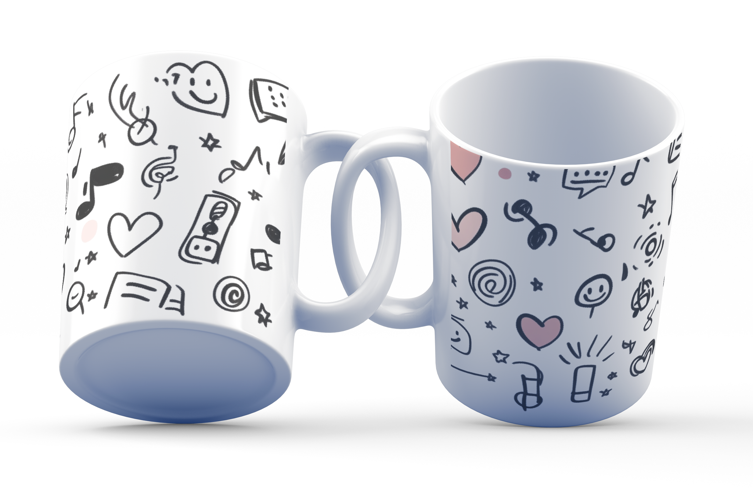 A white ceramic coffee cup with a playful doodle pattern, featuring musical notes, hearts, smiley faces, and abstract shapes in black, with pops of pink for the hearts.