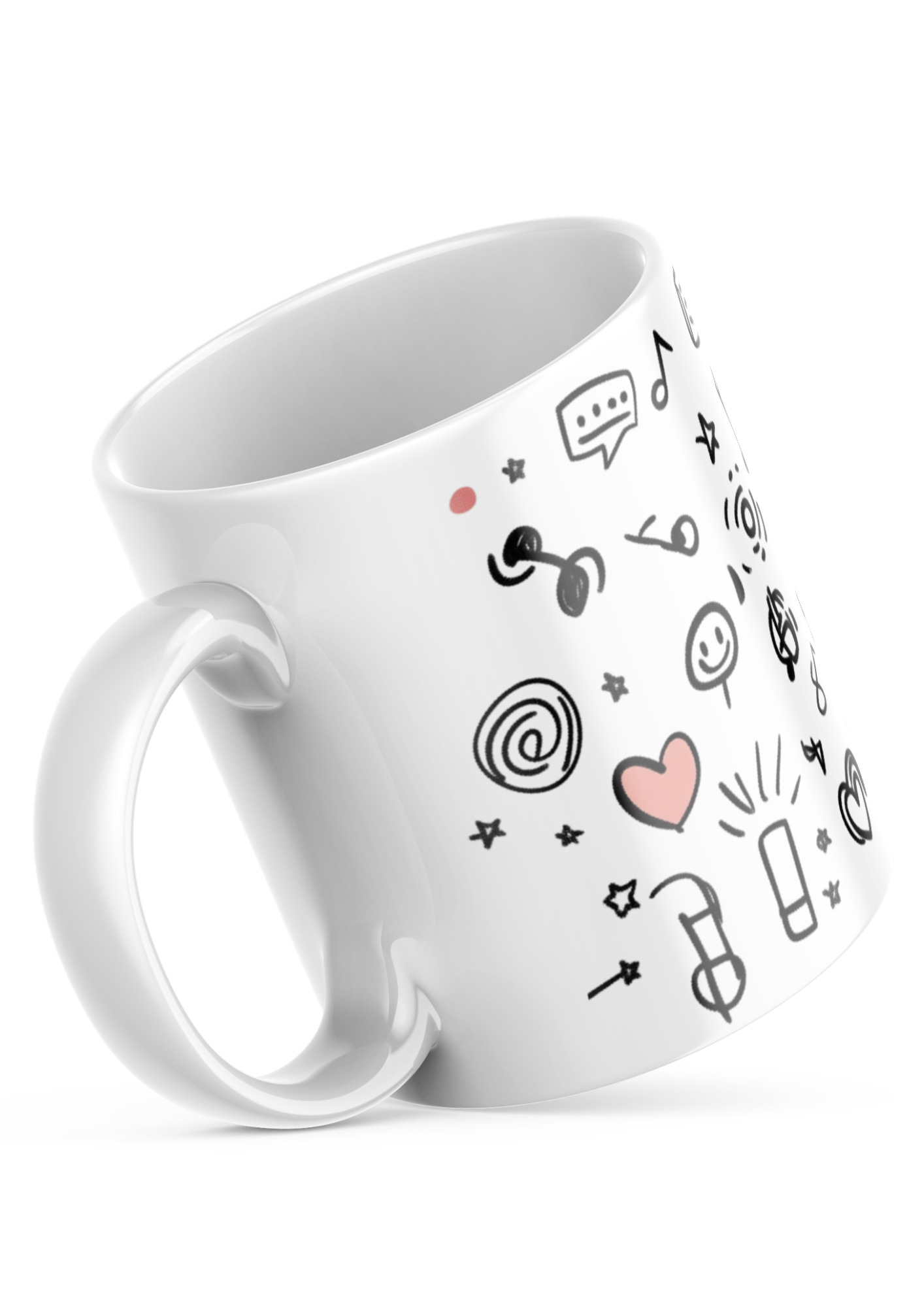 Side view of Music Doodle Mug, black line notes and heart doodles