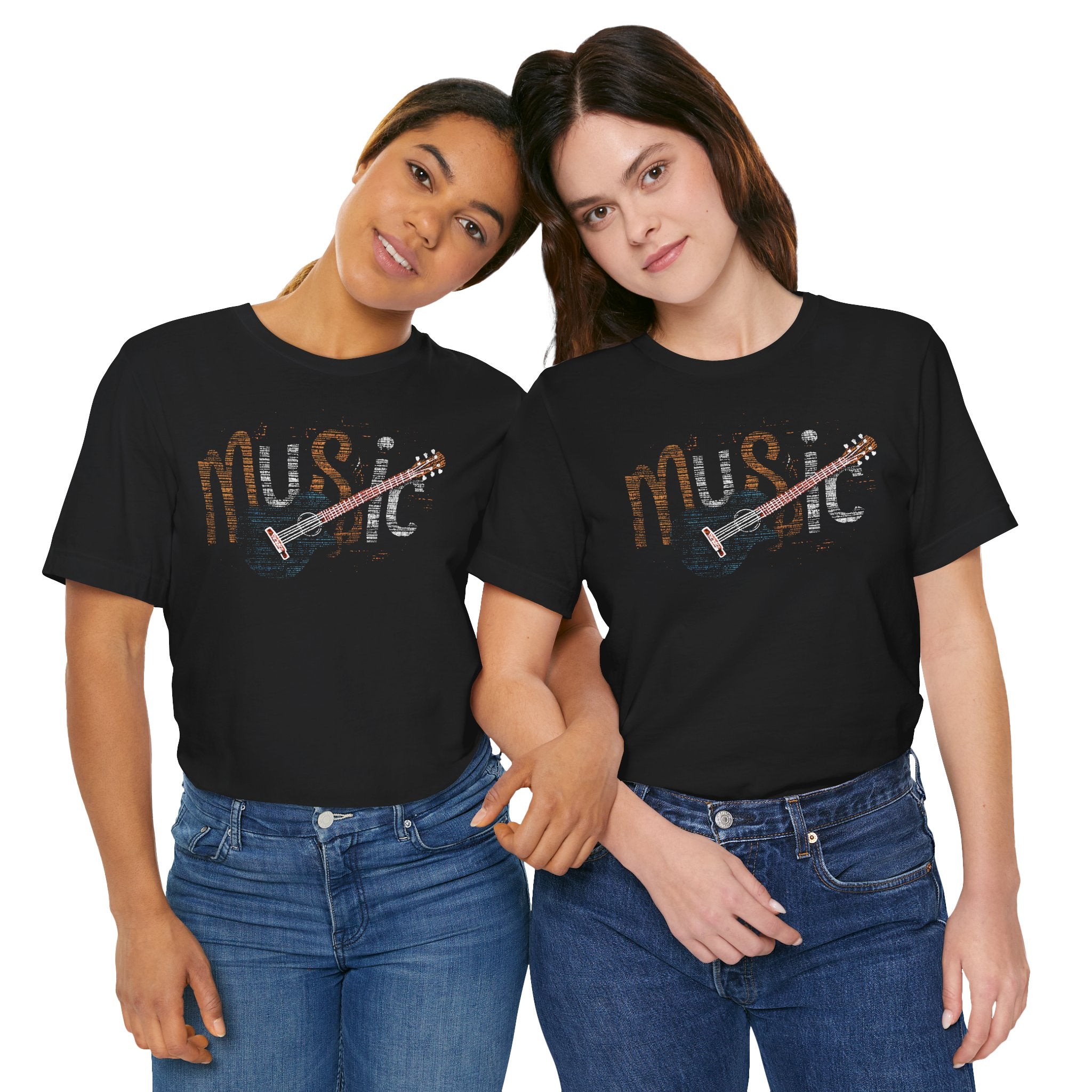 Two people wearing black t-shirts with 'music' design on a white background